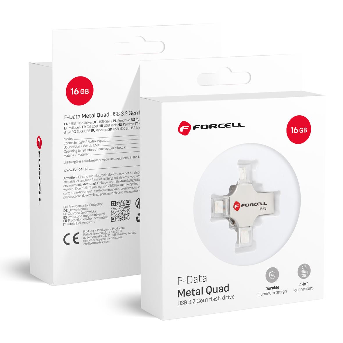 Pendrive 16GB USB 3.2 Gen 1 (USB A / USB C / Lightning / Micro USB) Forcell F-Data Metal Quad srebrny