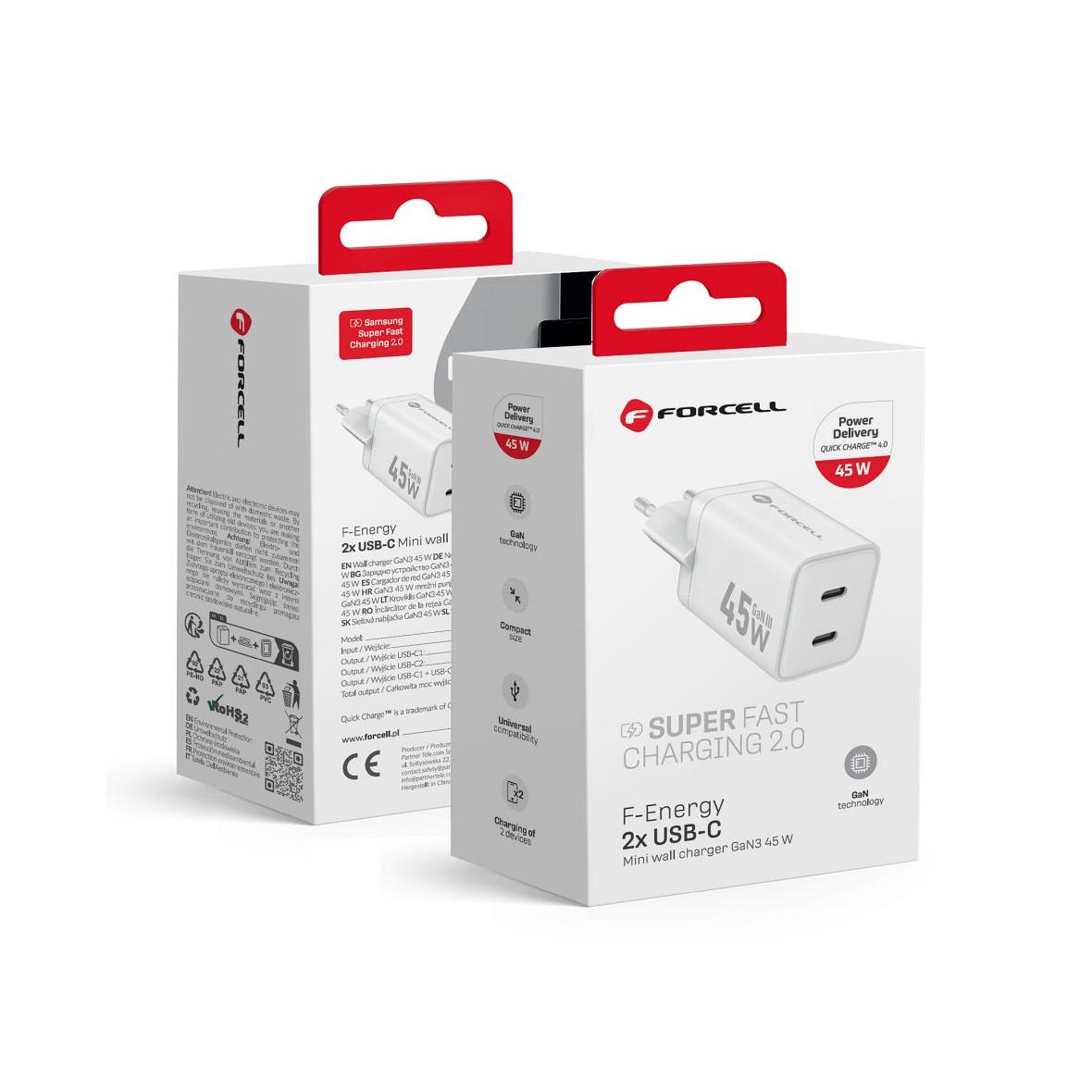 Ładowarka sieciowa do telefonu Forcell F-Energy Mini GaN III 2 x USB C PD QC4.0 45W VT-36B biała
