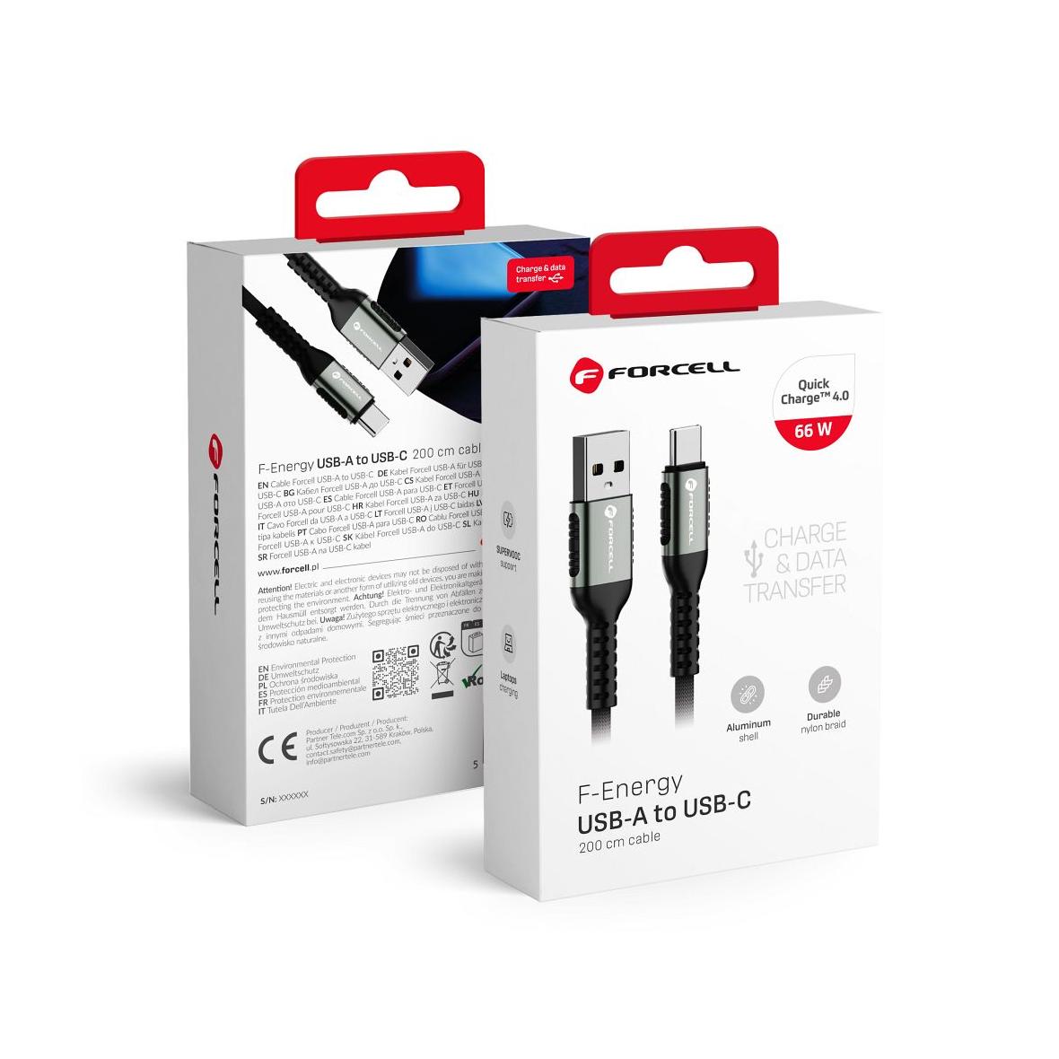 Kabel USB A do USB C Forcell F-Energy QC4.0 3A 66W Cafule 2 m C256 czarny