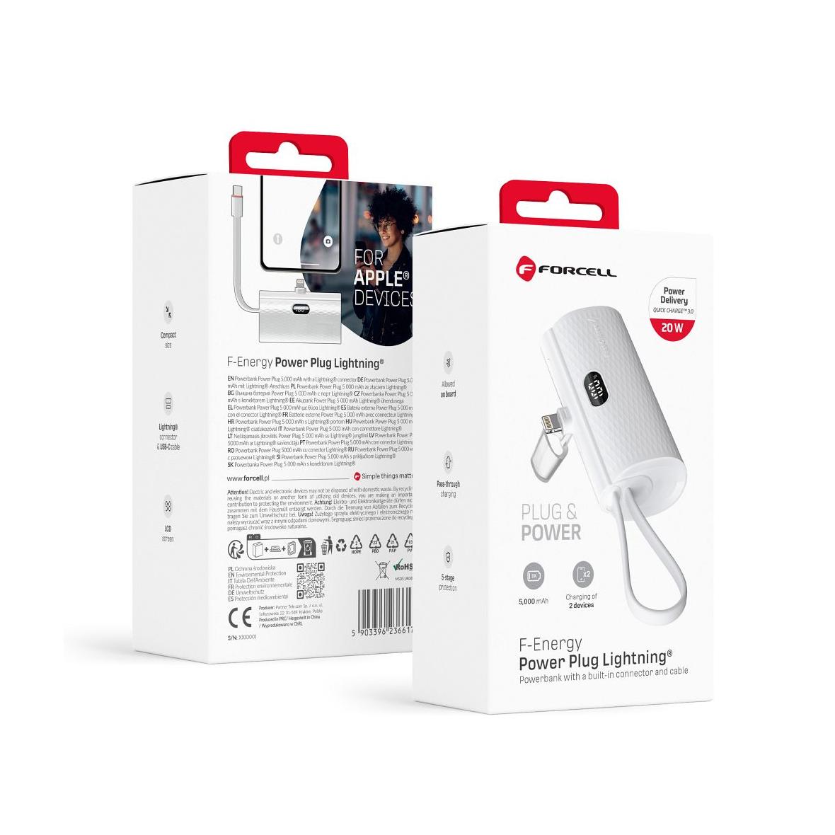 Powerbank Forcell F-Energy Power Plug F5K3 PD 20W 5000 mAh z wbudowanym złączem Lightning biały