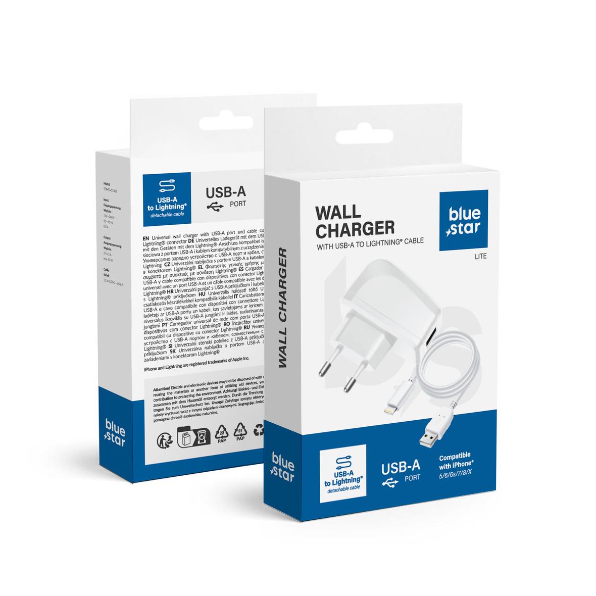 Ładowarka sieciowa do telefonu Blue Star Lite USB A 1A 5W + kabel USB A do Lightning TFK-TC-1095B biała