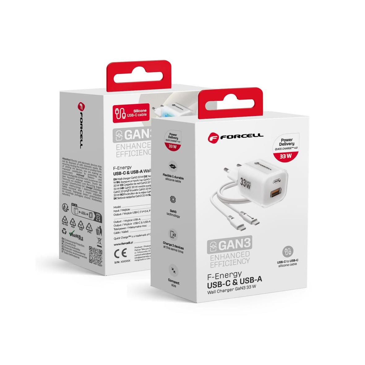Ładowarka sieciowa do telefonu Forcell F-Energy GaN III Crystal Color USB C + USB A QC4.0 PD 33W + kabel USB C do USB C VT-41 biała 0INT