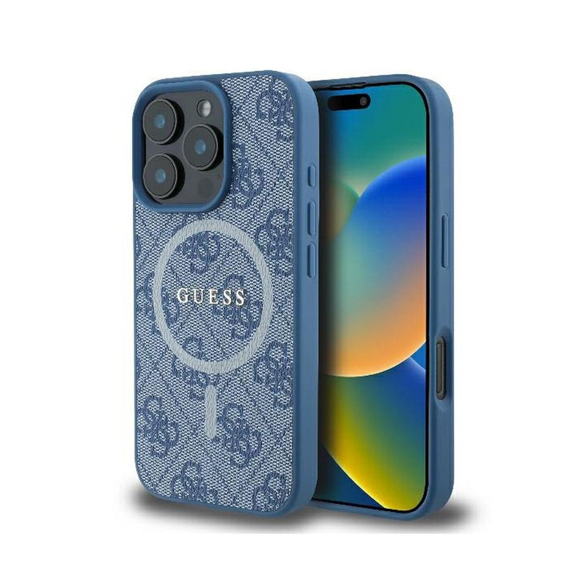 GUESS futerał do IPHONE 16 Pro kompatybilny z MagSafe GUHMP16LG4GFRB (PU 4G Ring Classic Logo) niebieski