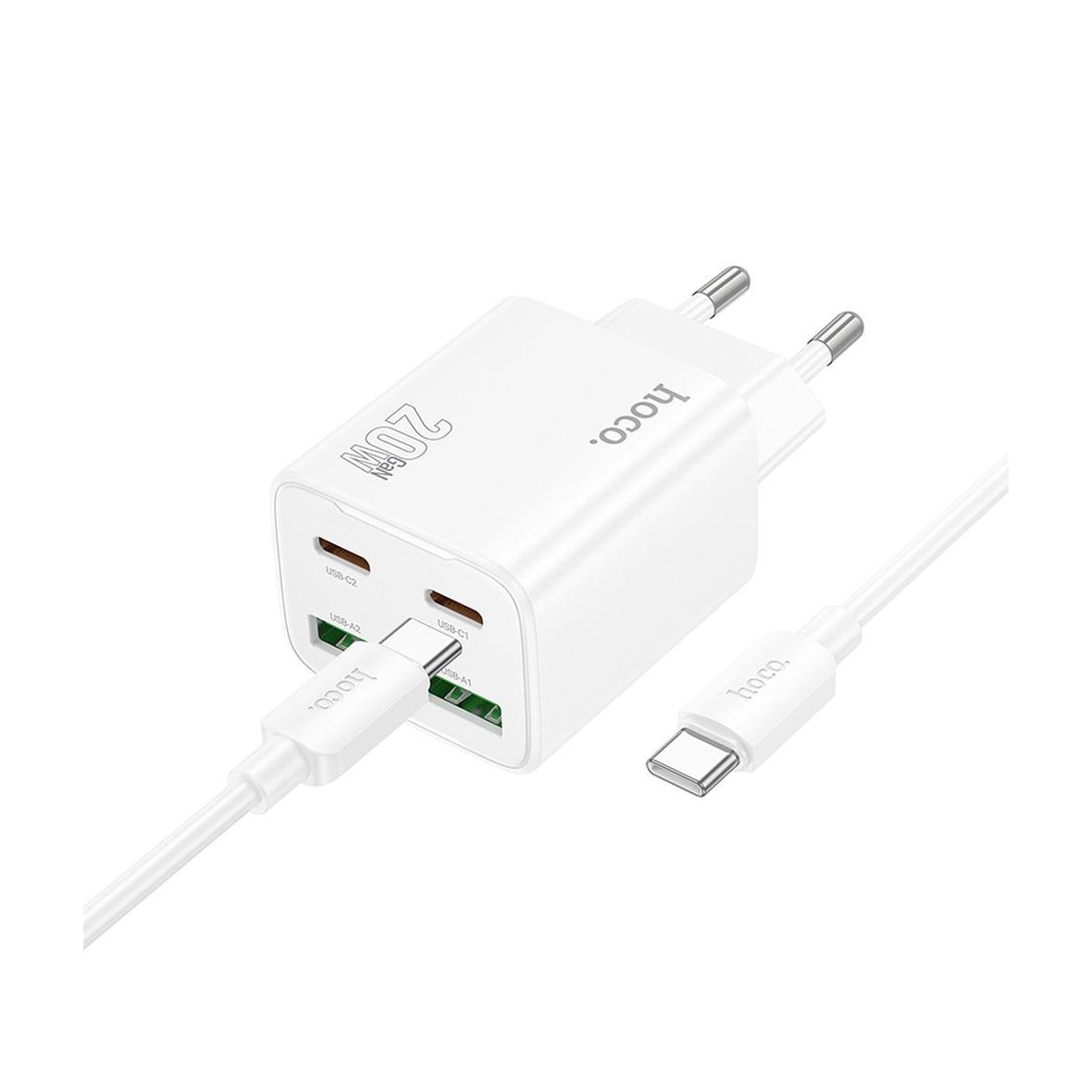 Ładowarka sieciowa do telefonu Hoco 2 x USB C + 2 x USB A QC3.0 PD 3A 20W + kabel USB C do USB C N55 biała