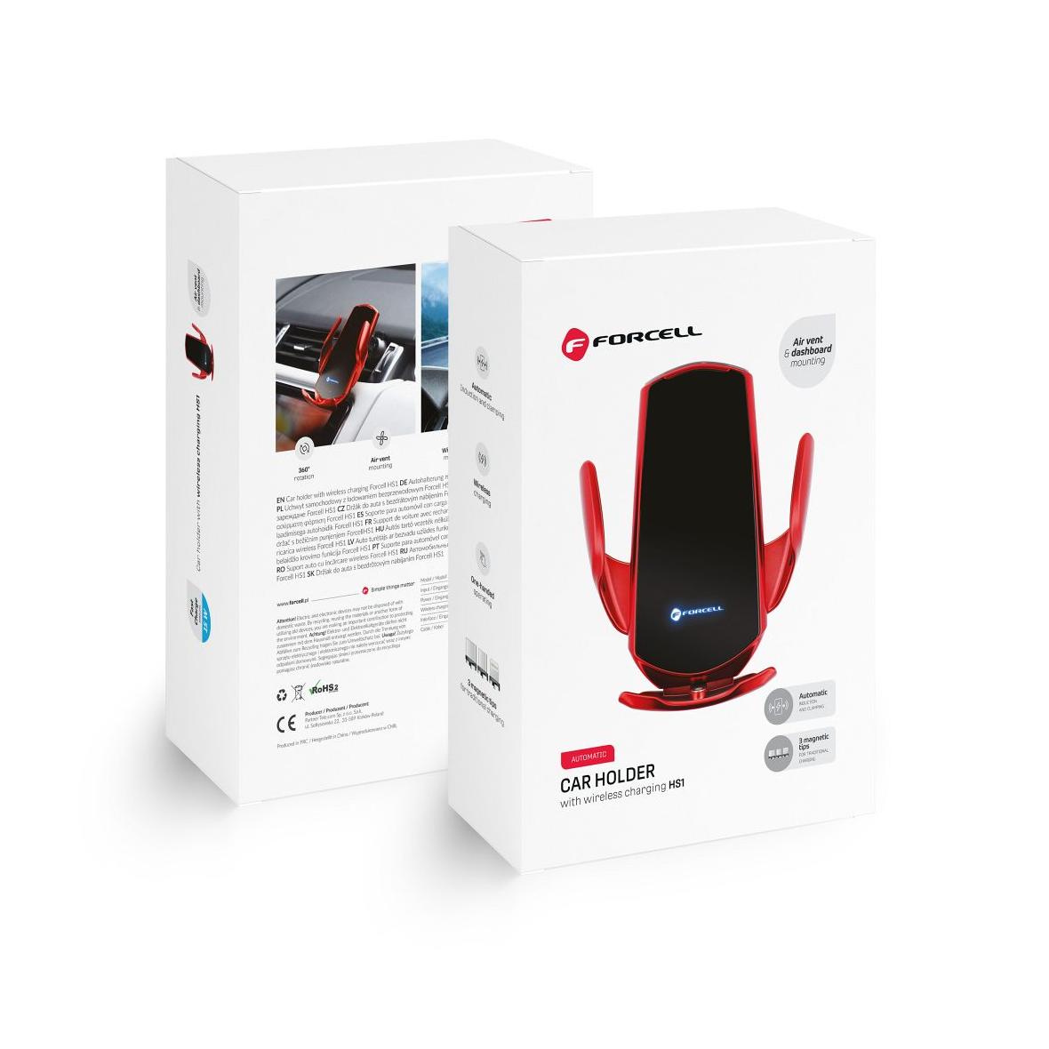Uchwyt na telefon do samochodu indukcyjny automatyczny Forcell F-Grip HS1 Qi 15W do szyby / kratki czerwony