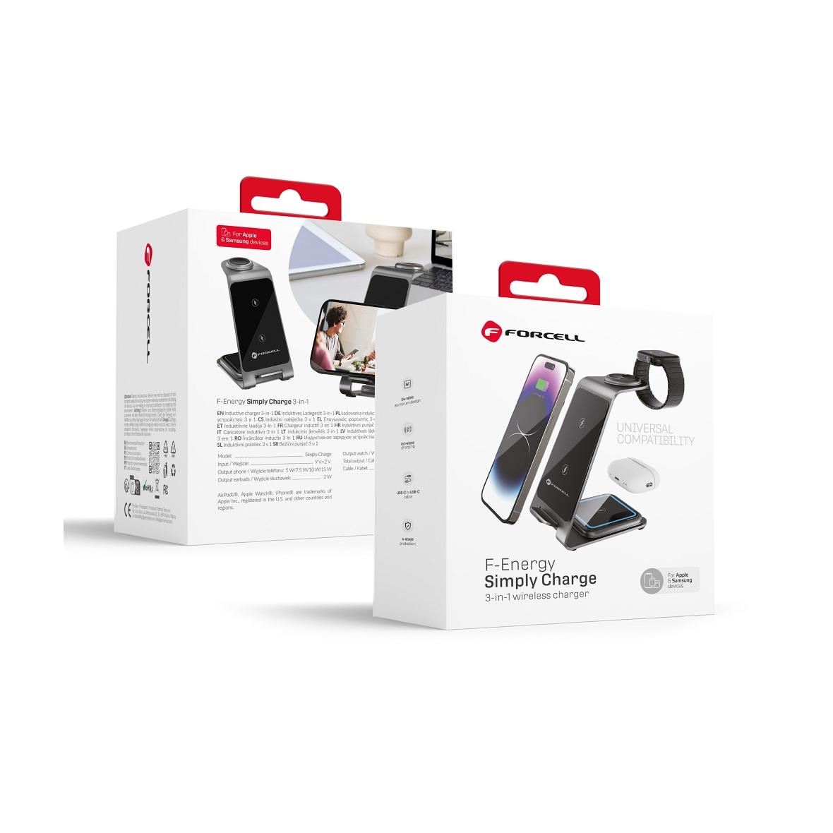 Ładowarka indukcyjna Forcell F-Energy 3w1 Simply Charge aluminiowa kompatybilna z Apple Watch i Samsung Watch szara