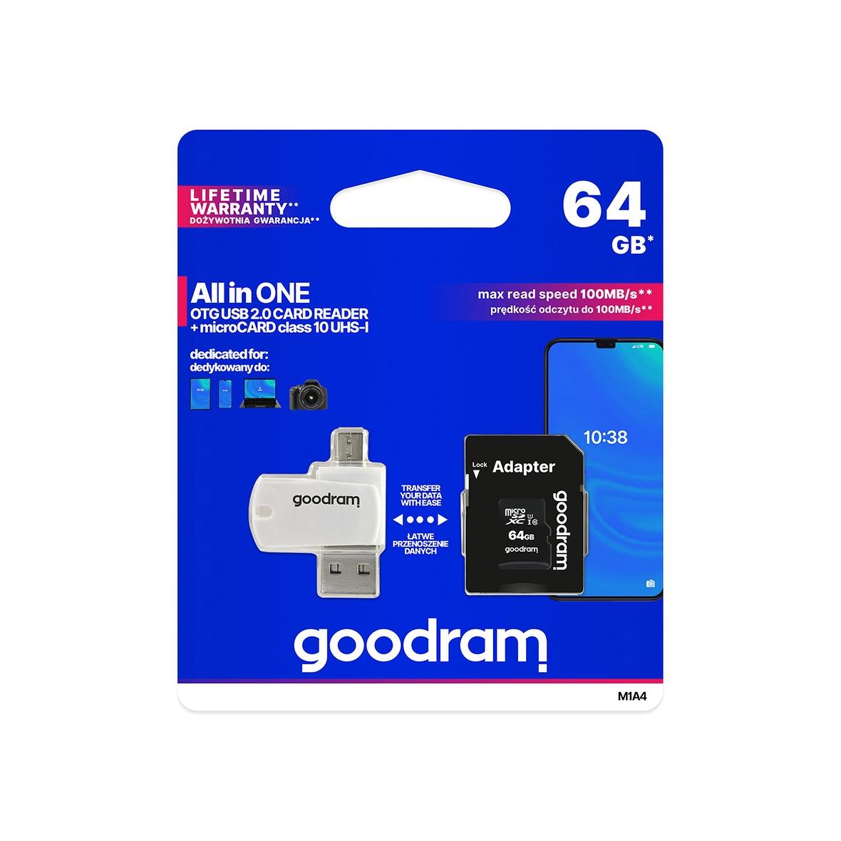 GOODRAM czytnik kart pamięci USB A + Micro USB ALL IN ONE M1A4 + karta microSD 64GB z adapterem