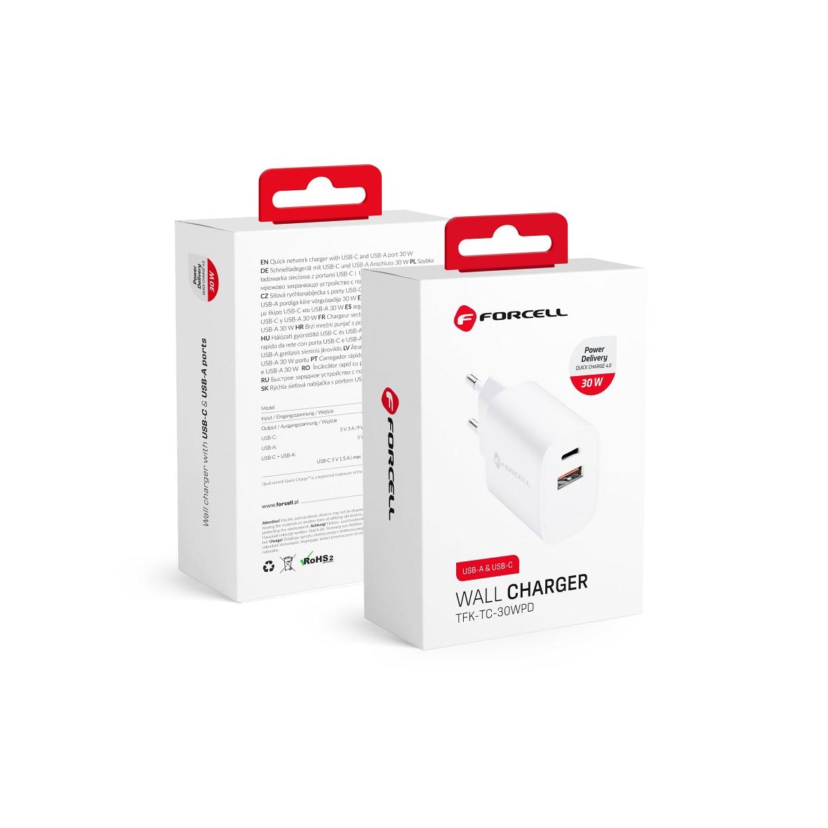 Ładowarka sieciowa do telefonu Forcell F-Energy USB C + USB A QC4.0 PD 3A 30W TFK-TC-30WPD biała