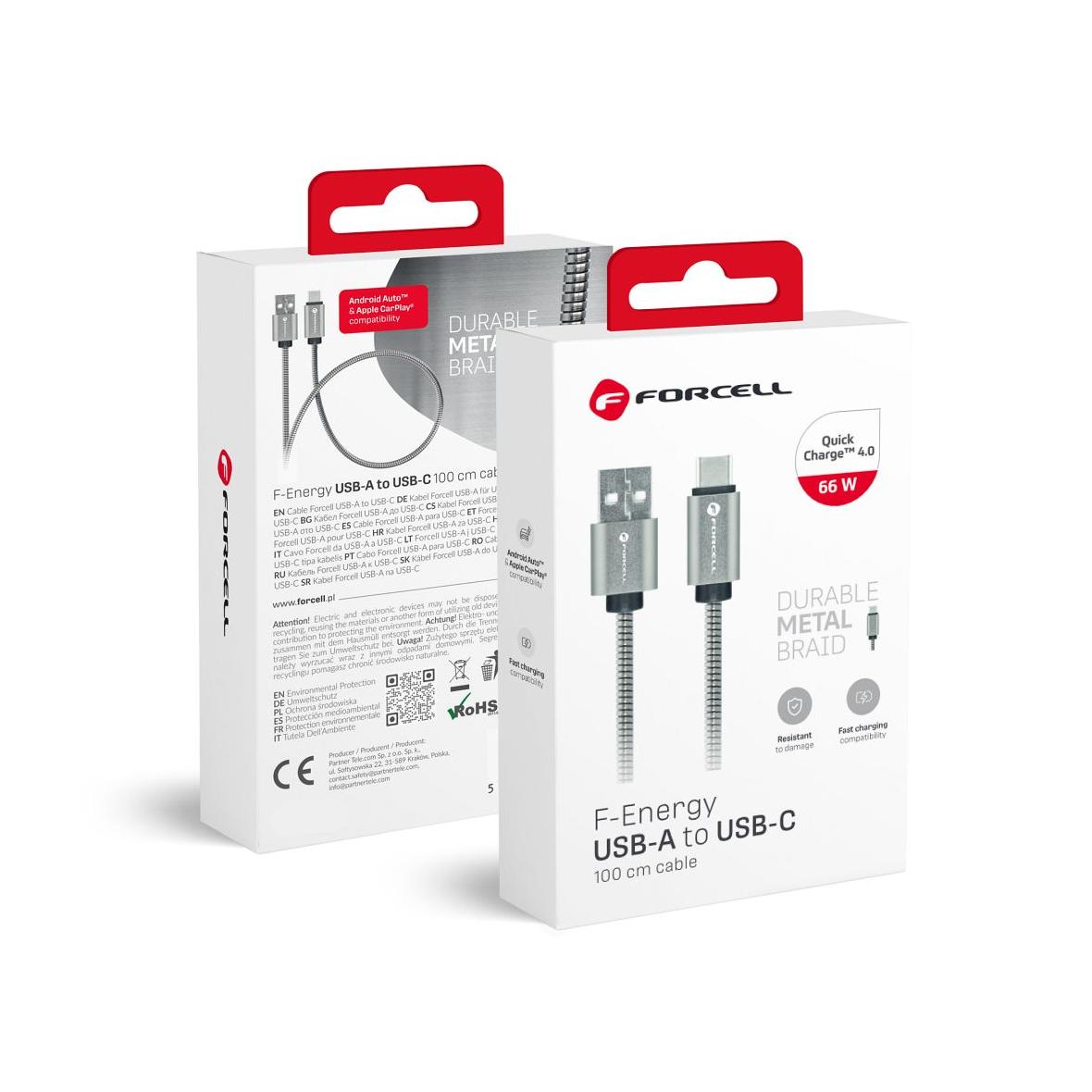 Kabel USB A do USB C Forcell F-Energy QC3.0 66W Metal 1 m C234 srebrny