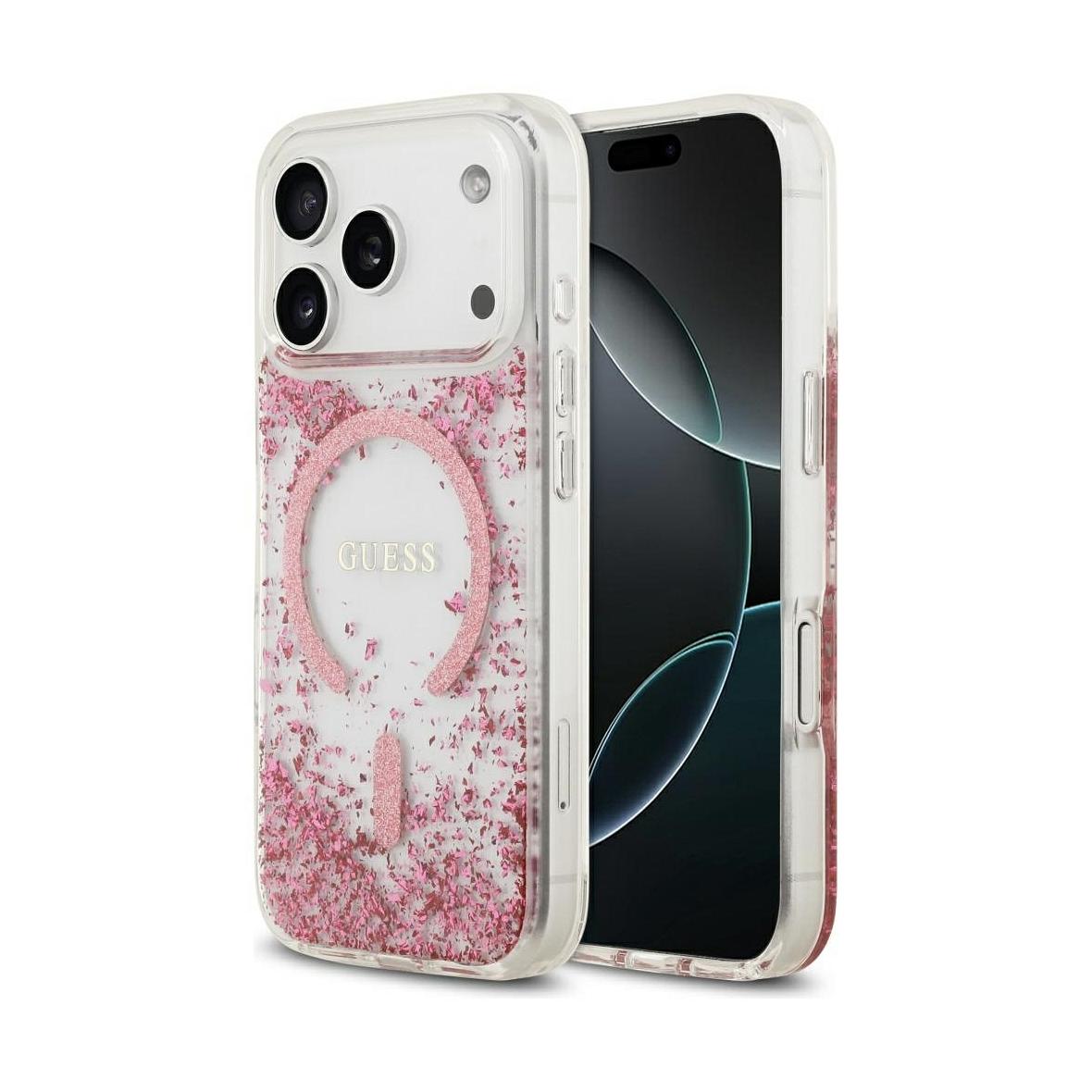 GUESS futerał do IPHONE 17 Pro kompatybilny z MagSafe GUHMP17LRGRGEP (Resin Bottom Glitter) różowy