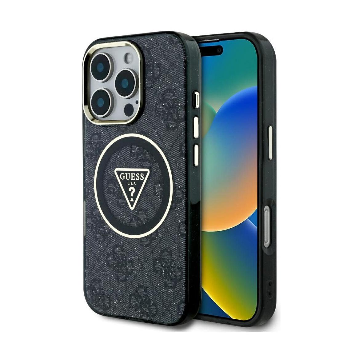 GUESS futerał do IPHONE 16 Pro kompatybilny z MagSafe GUHMP16LHG4PRTGK (IML Metal Glitter 4G Circle Triangle) czarny