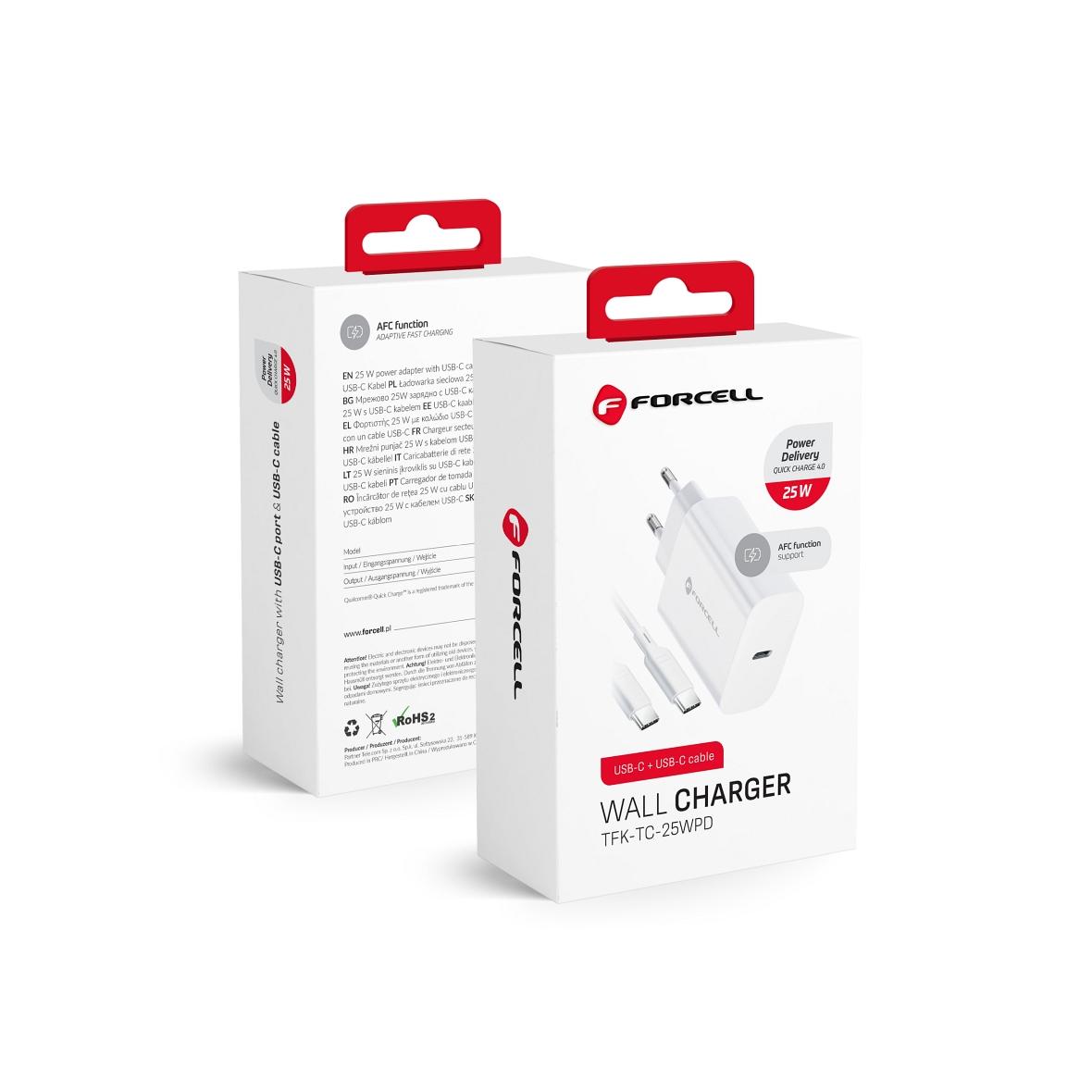 Ładowarka sieciowa do telefonu Forcell F-Energy USB C QC4.0 PD 3A 25W + kabel USB C do USB C TFK-TC-25WPD biała
