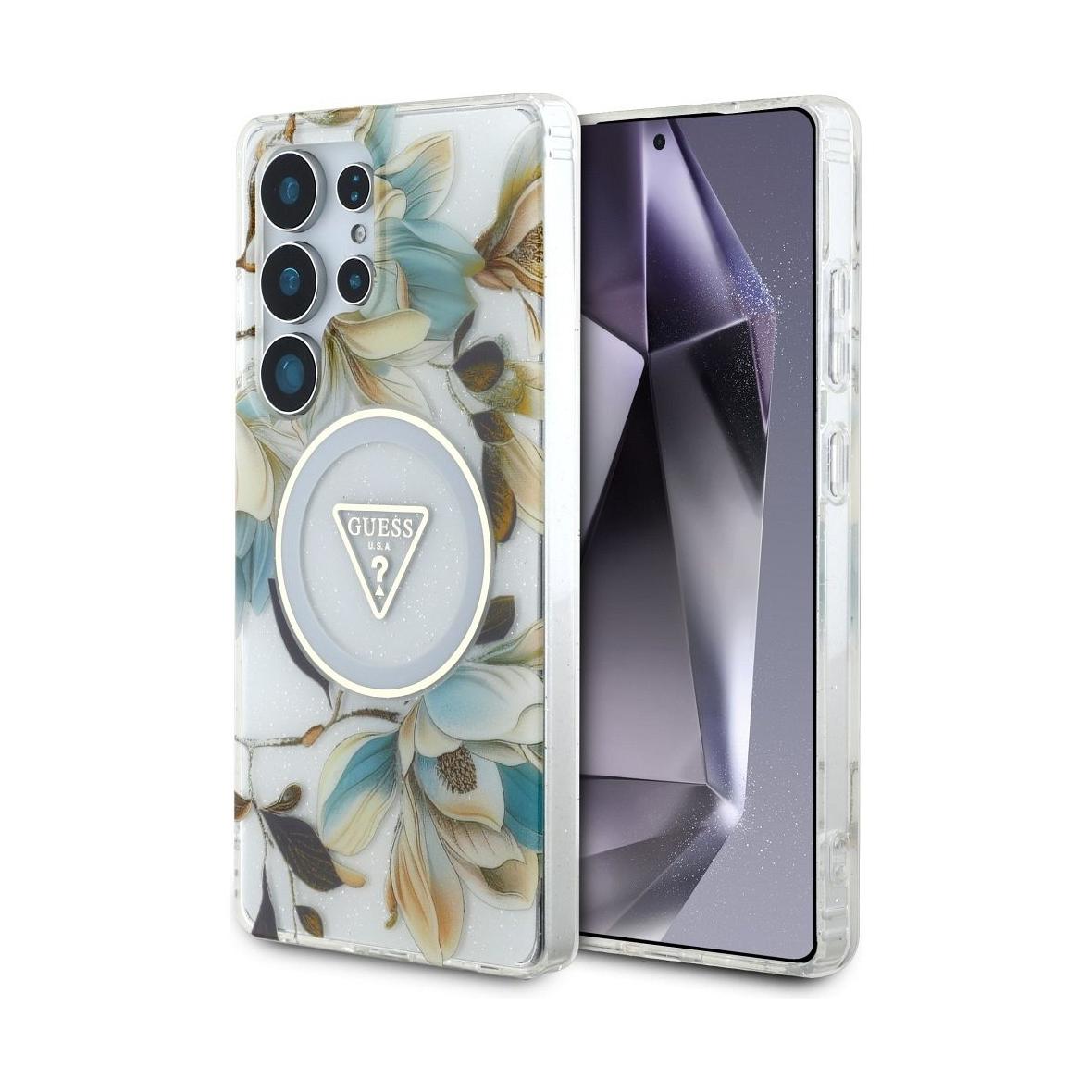 GUESS futerał do SAMSUNG S25 Ultra GUHMS25LHFLPEDH (Magnetic IML Metal Glitter Flowers Triangle) biały