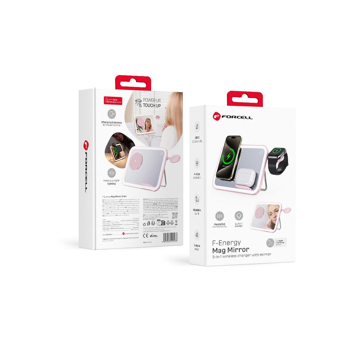 Forcell F-ENERGY Mag Mirror 3 in 1 15W ładowarka indukcyjna z kompatybilna z MagSafe / Apple Watch / Samsung Watch / Airpods różowa