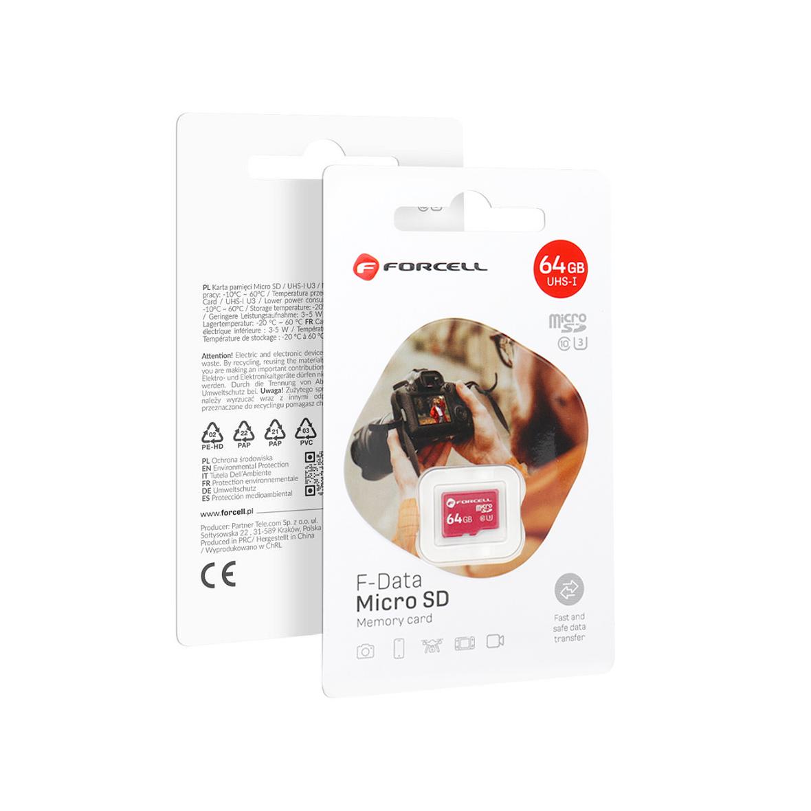 Karta microSD 64GB U3 class 10 Forcell F-Data czerwona