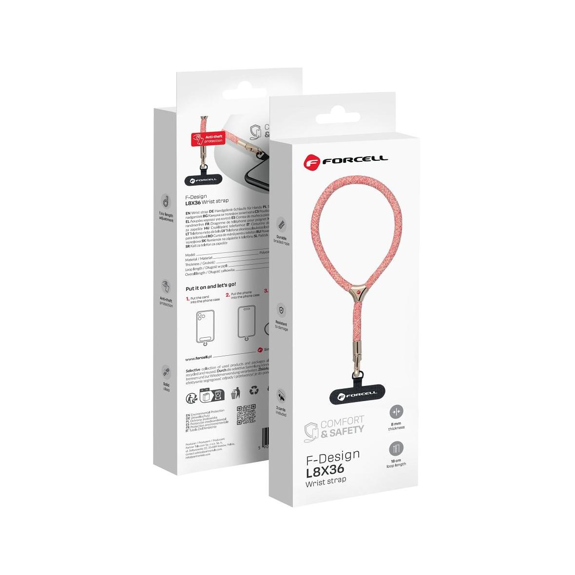 Smycz do telefonu na nadgarstek z regulacją długości Forcell F-Design L8X36 (max 18cm w pętli) różowo biała