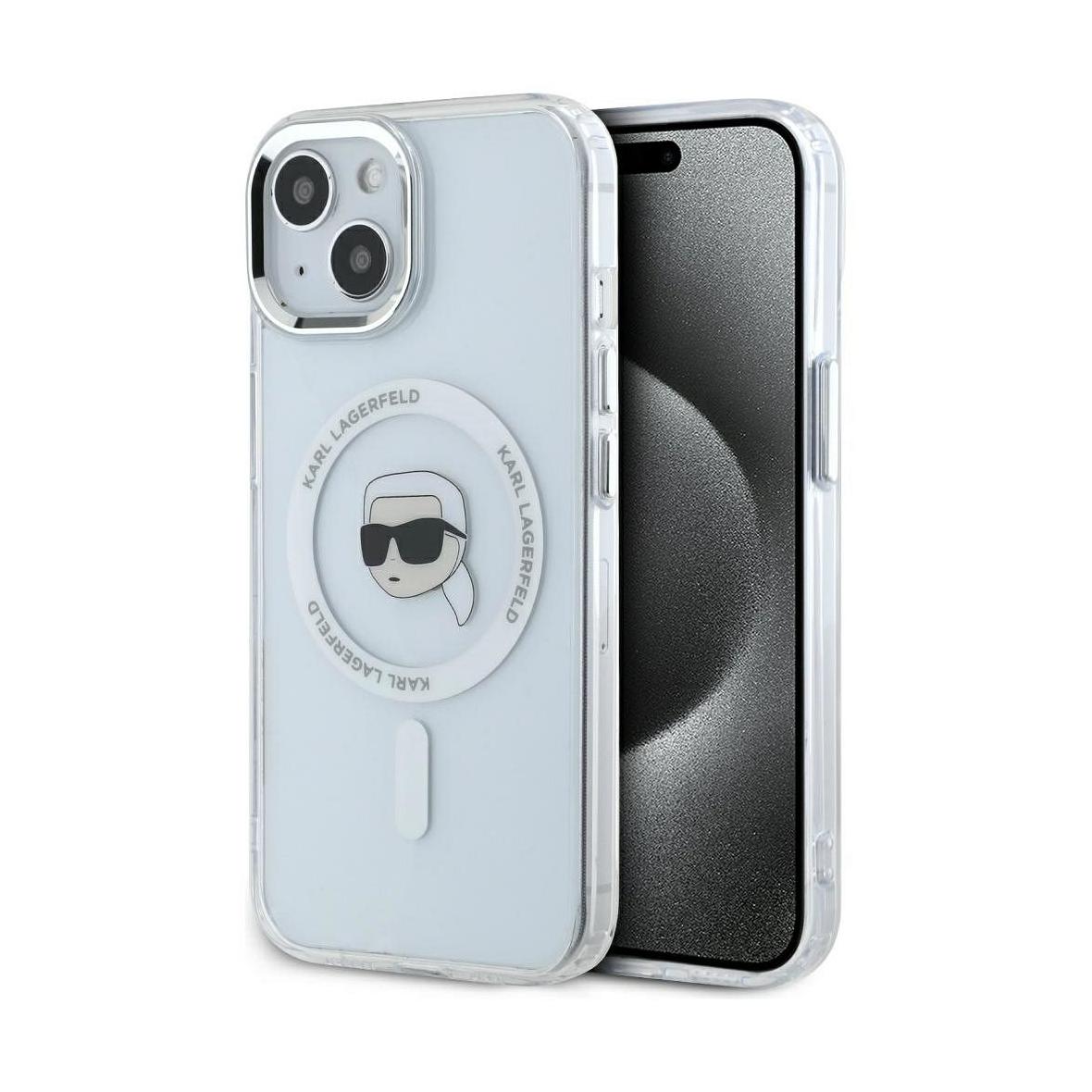 KARL LAGERFELD futerał do IPHONE 15 Plus kompatybilny z MagSafe KLHMP15MHLSKIH (IML Metal K Head) biały