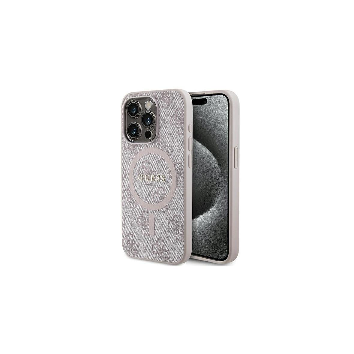 GUESS futerał do IPHONE 15 Pro kompatybilny z MagSafe GUHMP15LG4GFRP (4G Ring classic logo) różowy