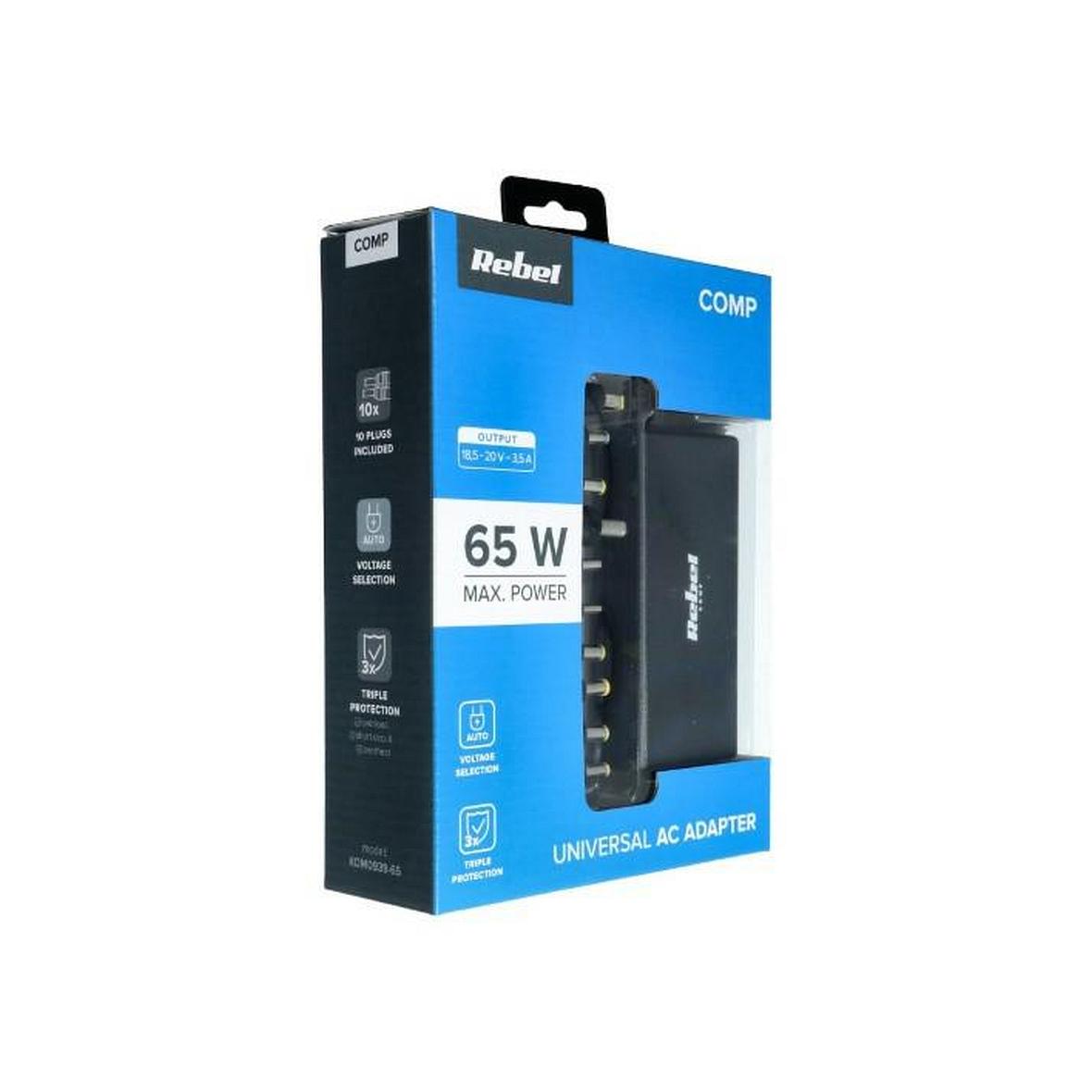 REBEL uniwersalny zasilacz sieciowy 65W 18-20V automatyczny 10 końcówek czarny