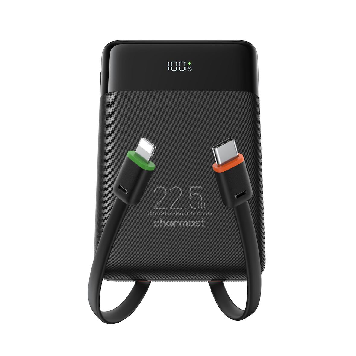 Powerbank PD3.0 3A 22,5W 10000 mAh z wbudowanymi kablami USB C / Lightning Charmast W1202 czarny 0INT