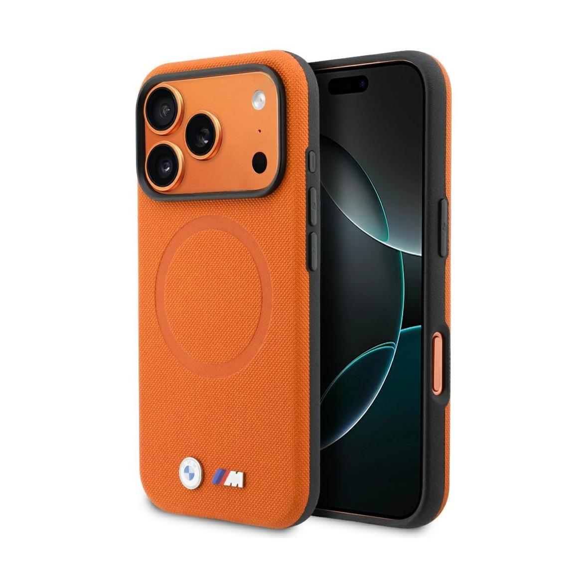 BMW futerał do IPHONE 17 Pro Max kompatybilny z MagSafe BMHMP17X25PFWSMO (PU FW Metal Logo) pomarańczowy