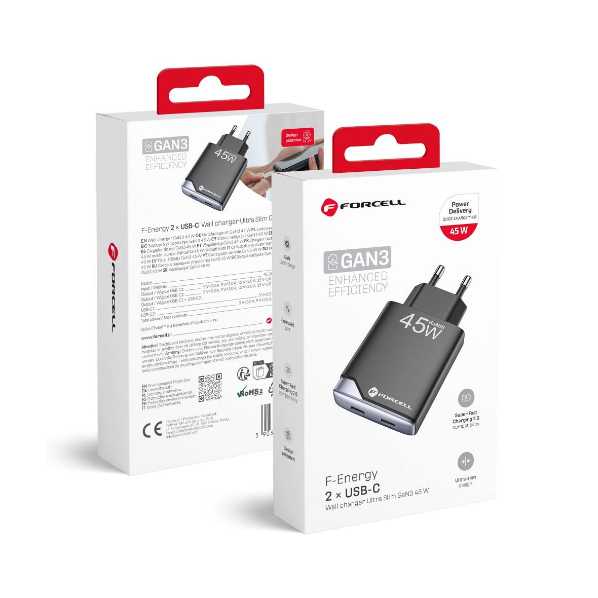 Ładowarka sieciowa do telefonu Forcell F-Energy Ultra Slim GaN III 2 x USB C PD QC4.0 3A 45W B245201(2C) czarna