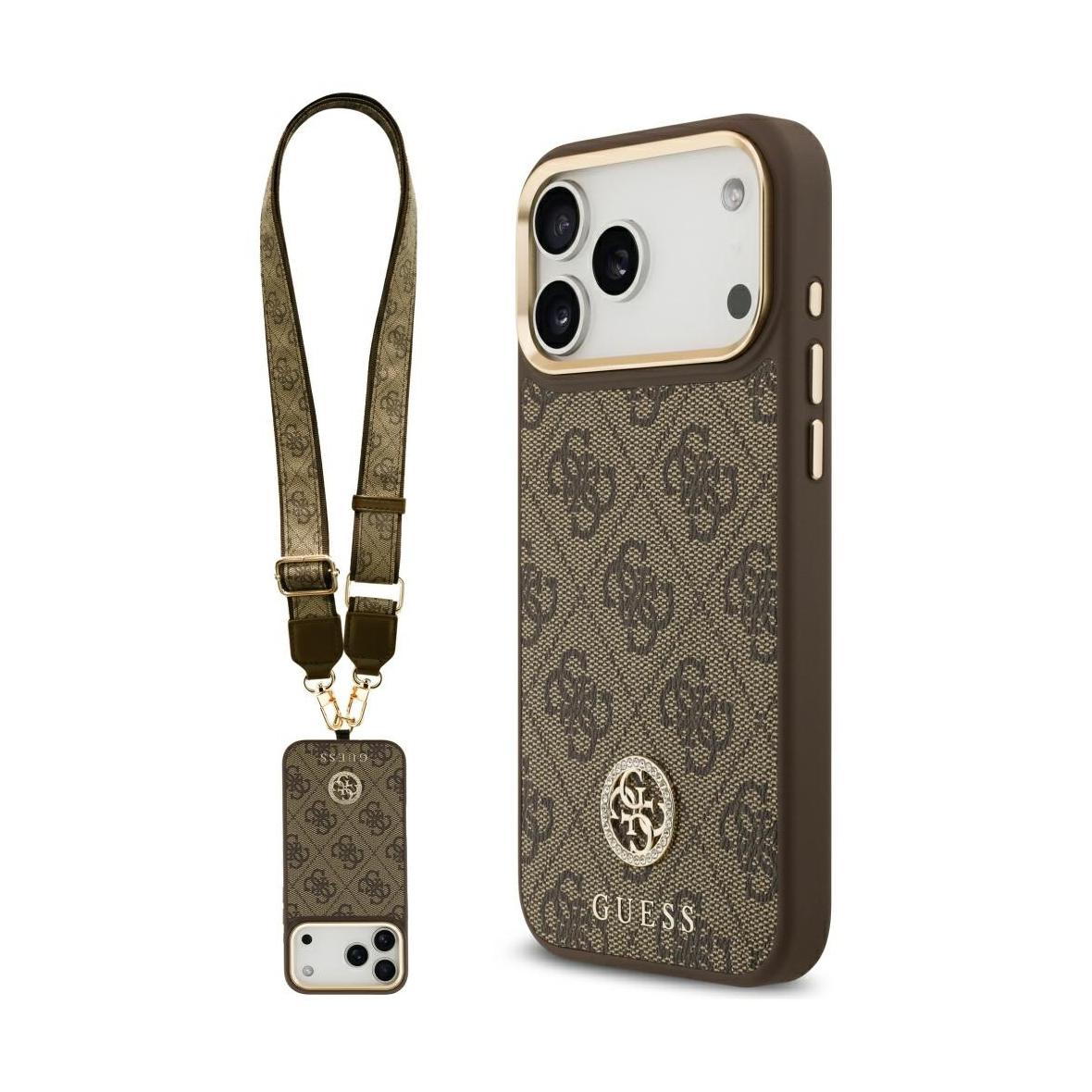 GUESS futerał do IPHONE 17 Pro Max kompatybilny z MagSafe GUHMP17XP4G4DCSW (PU W/ Strass Logo & Big Strap Metal Buttons) brązowy