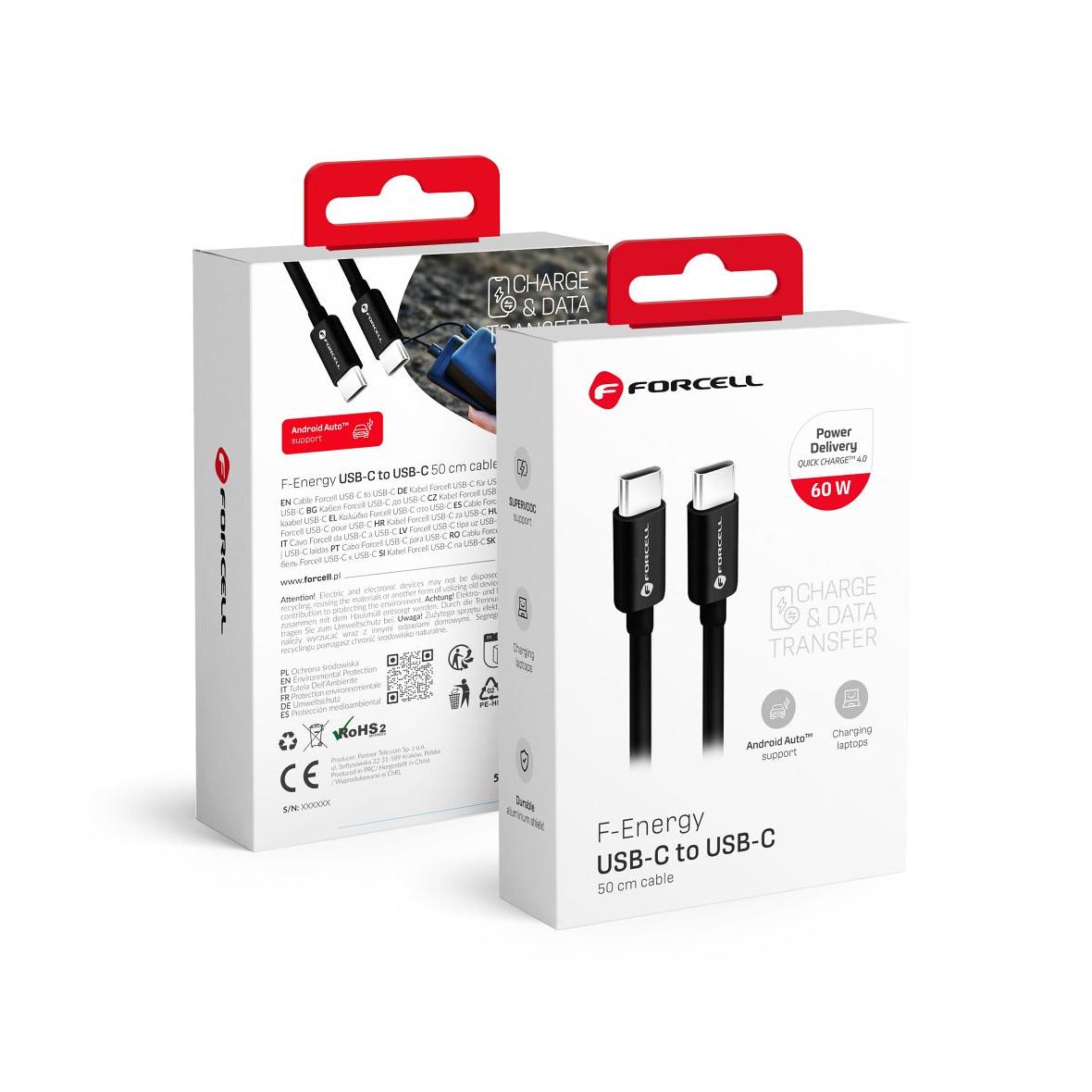 Kabel USB C do USB C Forcell F-Energy QC4.0 PD 3A 60W 0,5 m C338 czarny