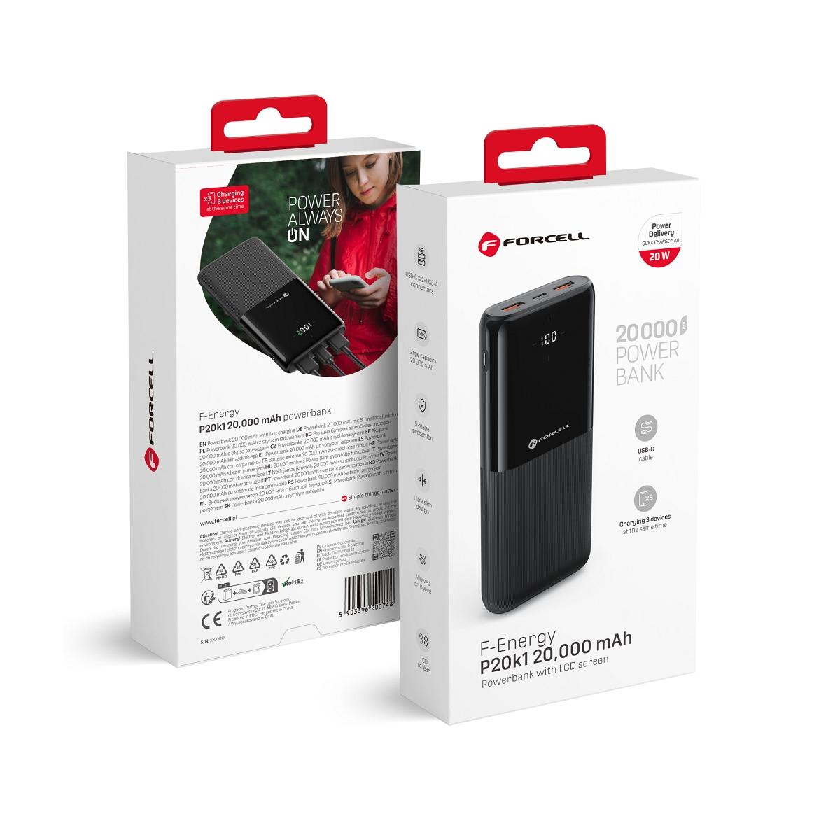 Powerbank Forcell F-Energy P20k1 PD QC3.0 3A 20W 20000 mAh czarny
