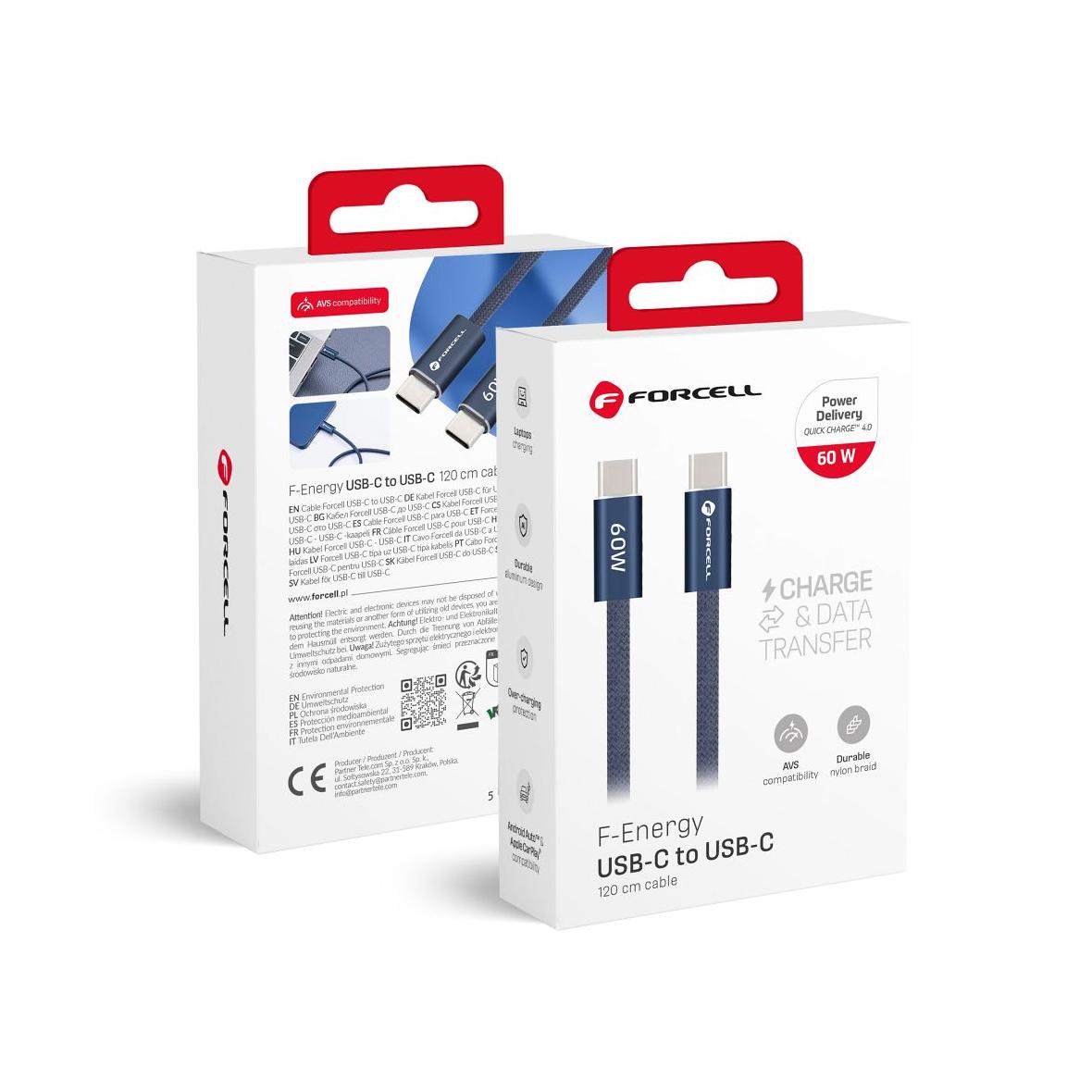 Kabel USB C do USB C Forcell F-Energy QC4.0 PD 3A 60W Cafule Color 1,2 m ACYH23 granatowy