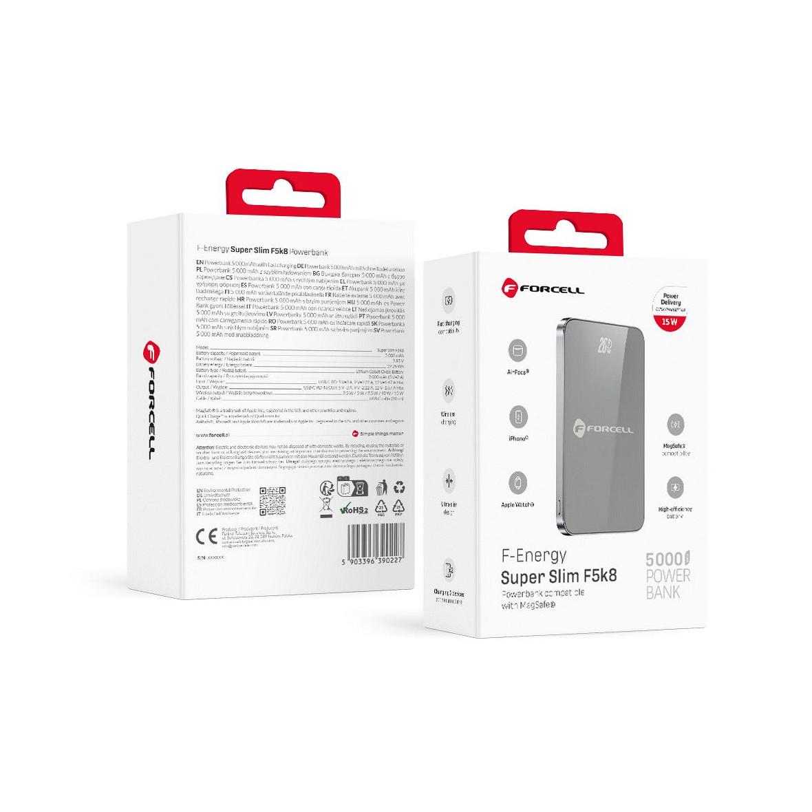 Powerbank zgodny z MagSafe Forcell F-Energy SuperSlim F5K8 QC4.0 PD3.0 15W 5000 mAh szary 0INT