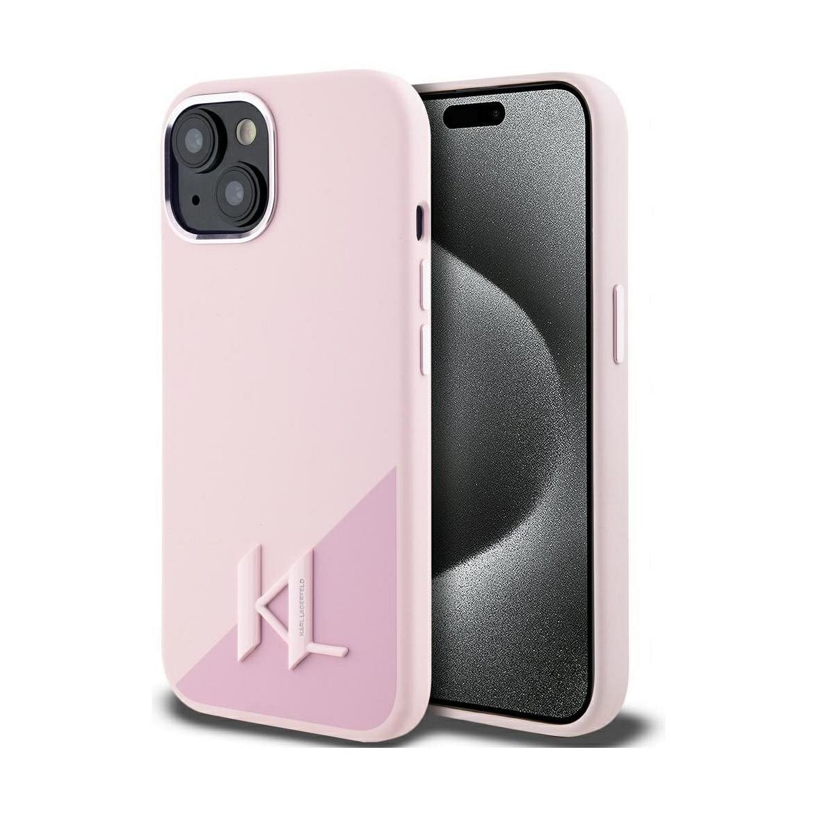 KARL LAGERFELD futerał do IPHONE 15 kompatybilny z MagSafe KLHMP15SSCMKMPCP (Silicone Initial Metal Logo) różowy