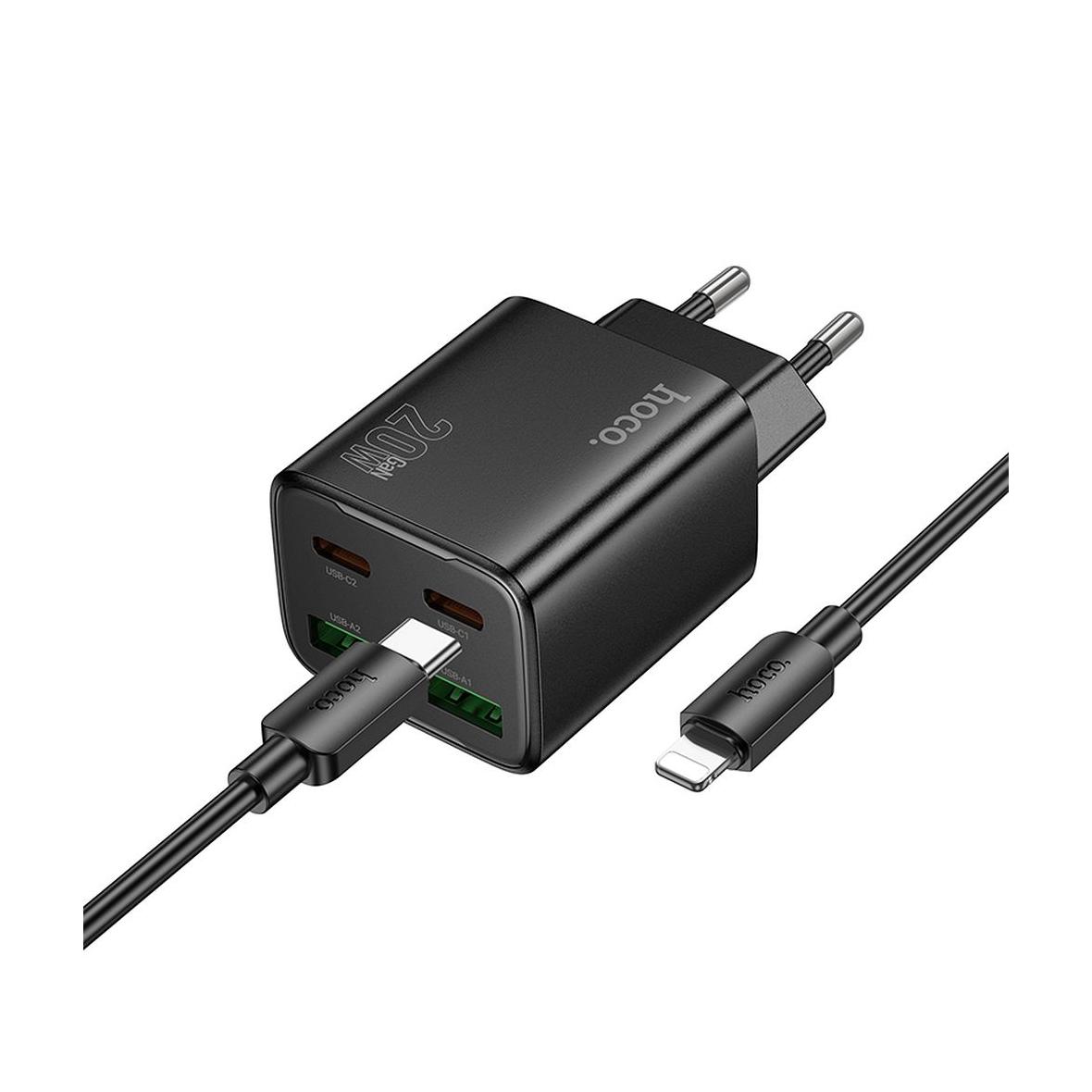 Ładowarka sieciowa do telefonu Hoco 2 x USB C + 2 x USB A QC3.0 PD 3A 20W + kabel USB C do Lightning N55 czarna