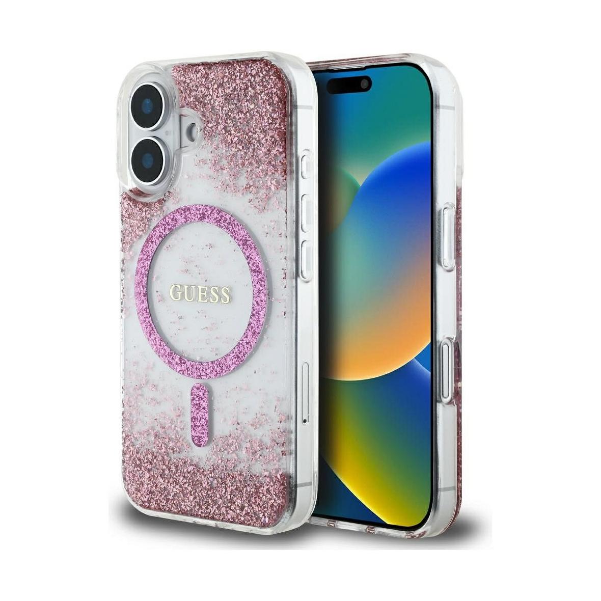GUESS futerał do IPHONE 16 kompatybilny z MagSafe GUHMP16SRGRGEP (Resin Bottom Glitter) różowy