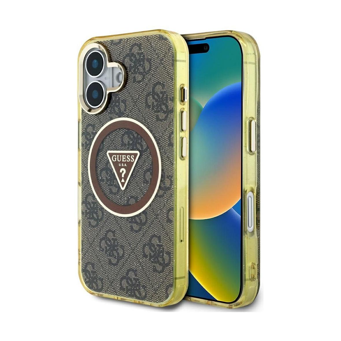 GUESS futerał do IPHONE 16 kompatybilny z MagSafe GUHMP16SHG4PRTGW (IML Metal Glitter 4G Circle Triangle) brązowy