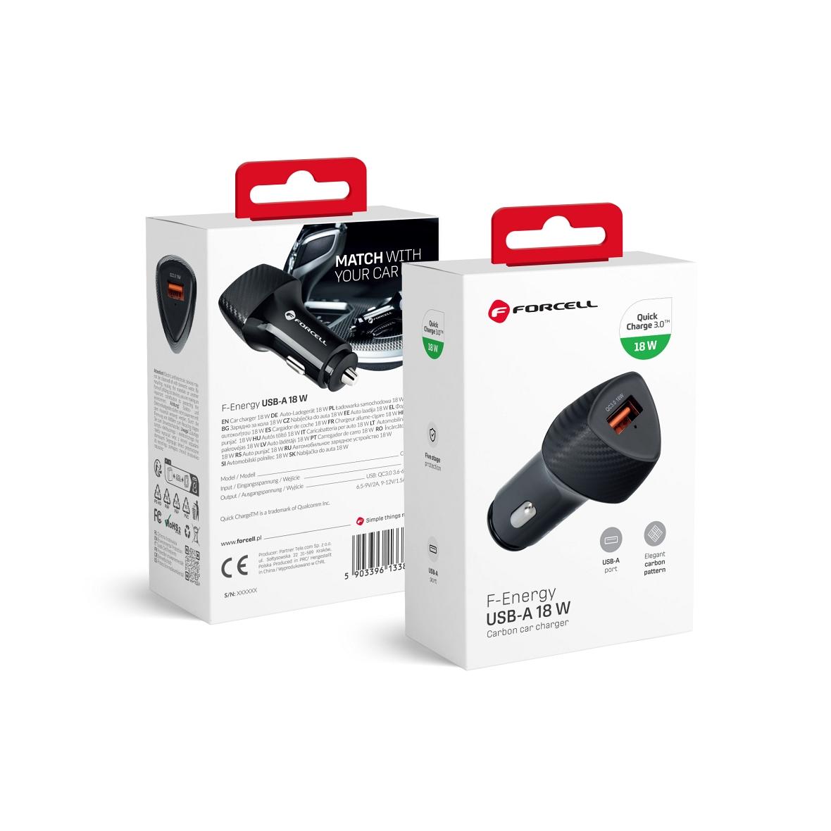Ładowarka samochodowa Forcell F-Energy Carbon USB A QC3.0 3A 18W CC50-1A czarna