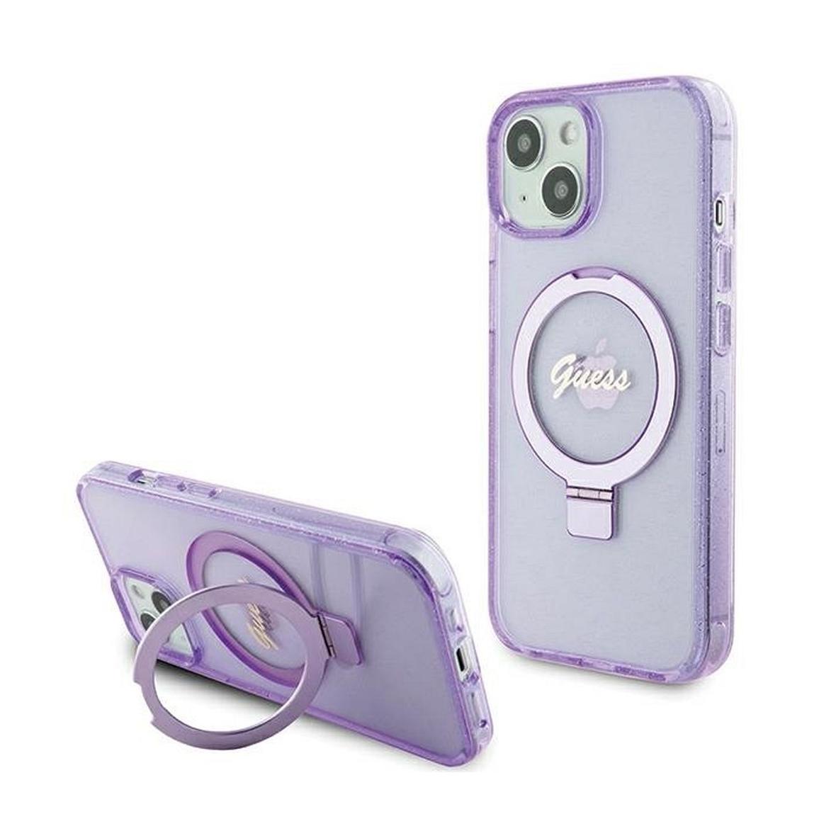 GUESS futerał do IPHONE 15 kompatybilny z MagSafe GUHMP15SHRSGSU (Glitter Script Logo Ring stand) fioletowy