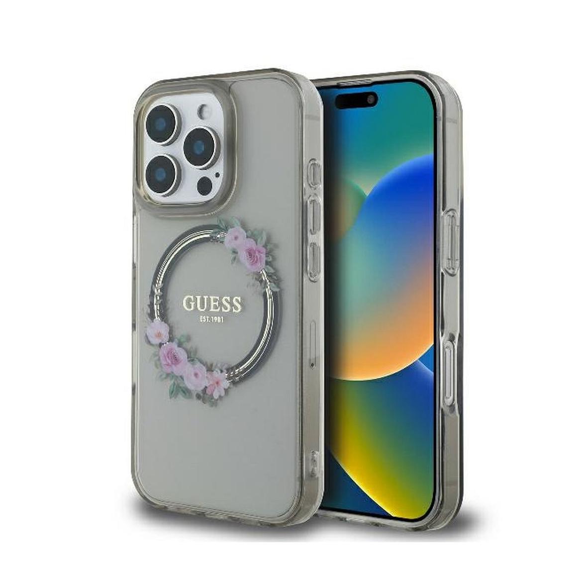 GUESS futerał do IPHONE 16 Pro kompatybilny z MagSafe GUHMP16LHFWFCK (IML Flowers Wreath) czarny