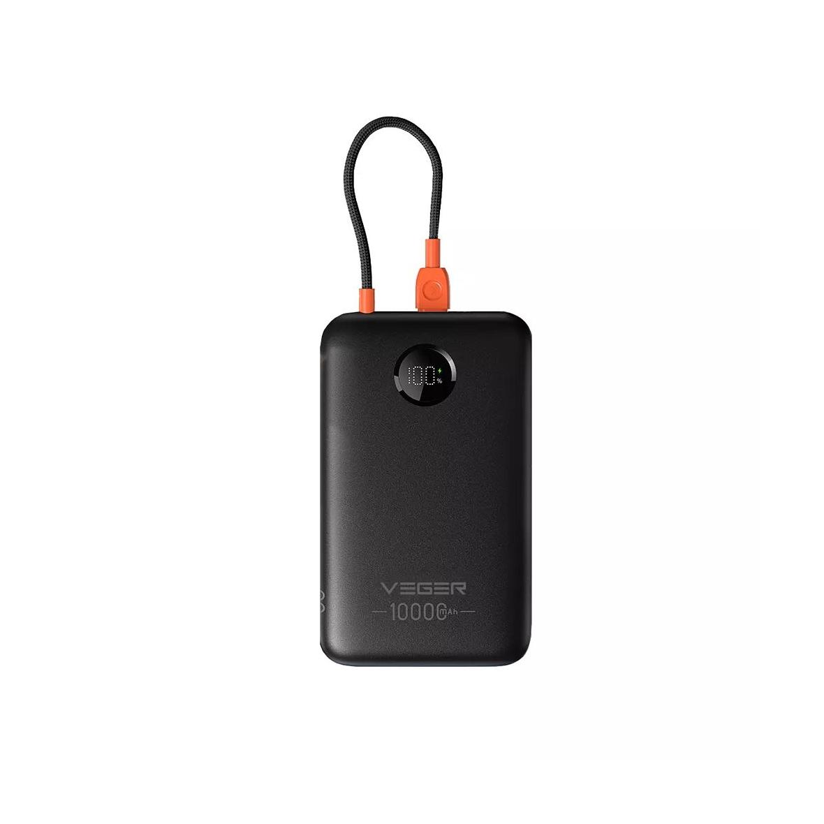 Powerbank Veger 10000 mAh z wbudowanym kablem USB C QC3.0 PD 2A 22,5W K1C W1189 czarny 0INT