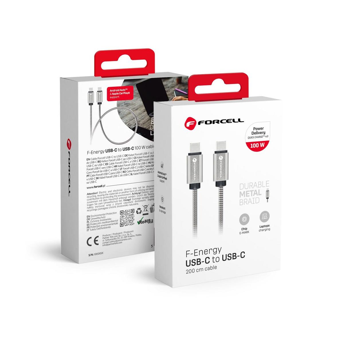 Kabel USB C do USB C Forcell F-Energy QC4.0 PD 5A 100W E-Mark Metal 2 m C239 srebrny