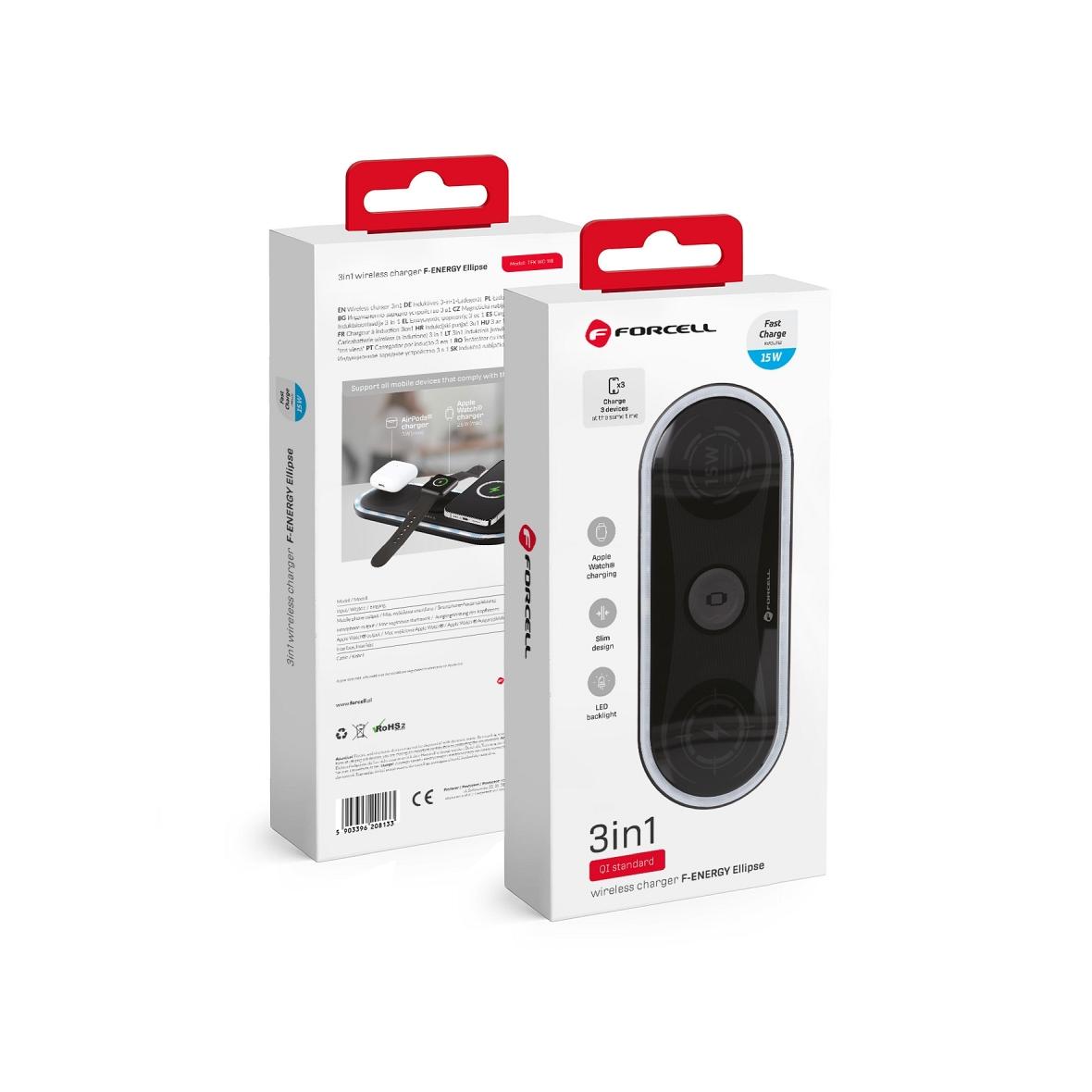 Ładowarka indukcyjna Forcell F-Energy Ellipse 3w1 Qi QC 15W kompatybilna z Apple + kabel USB C do USB A czarna