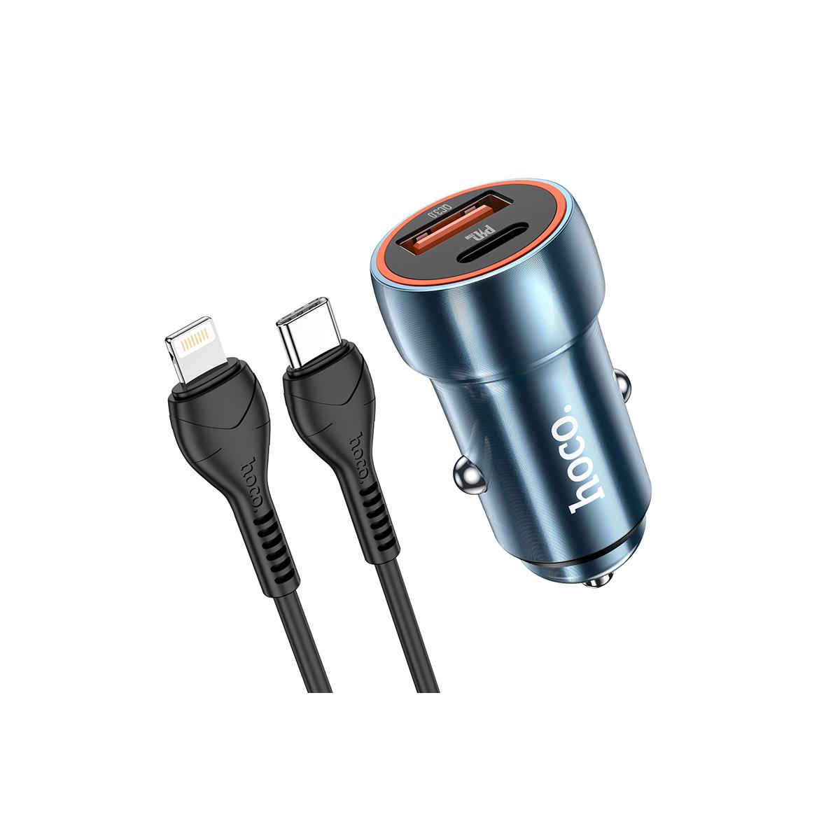 Ładowarka samochodowa Hoco USB A + USB C QC3.0 PD 3A 20W + kabel USB C do Lightning Z46A niebieska