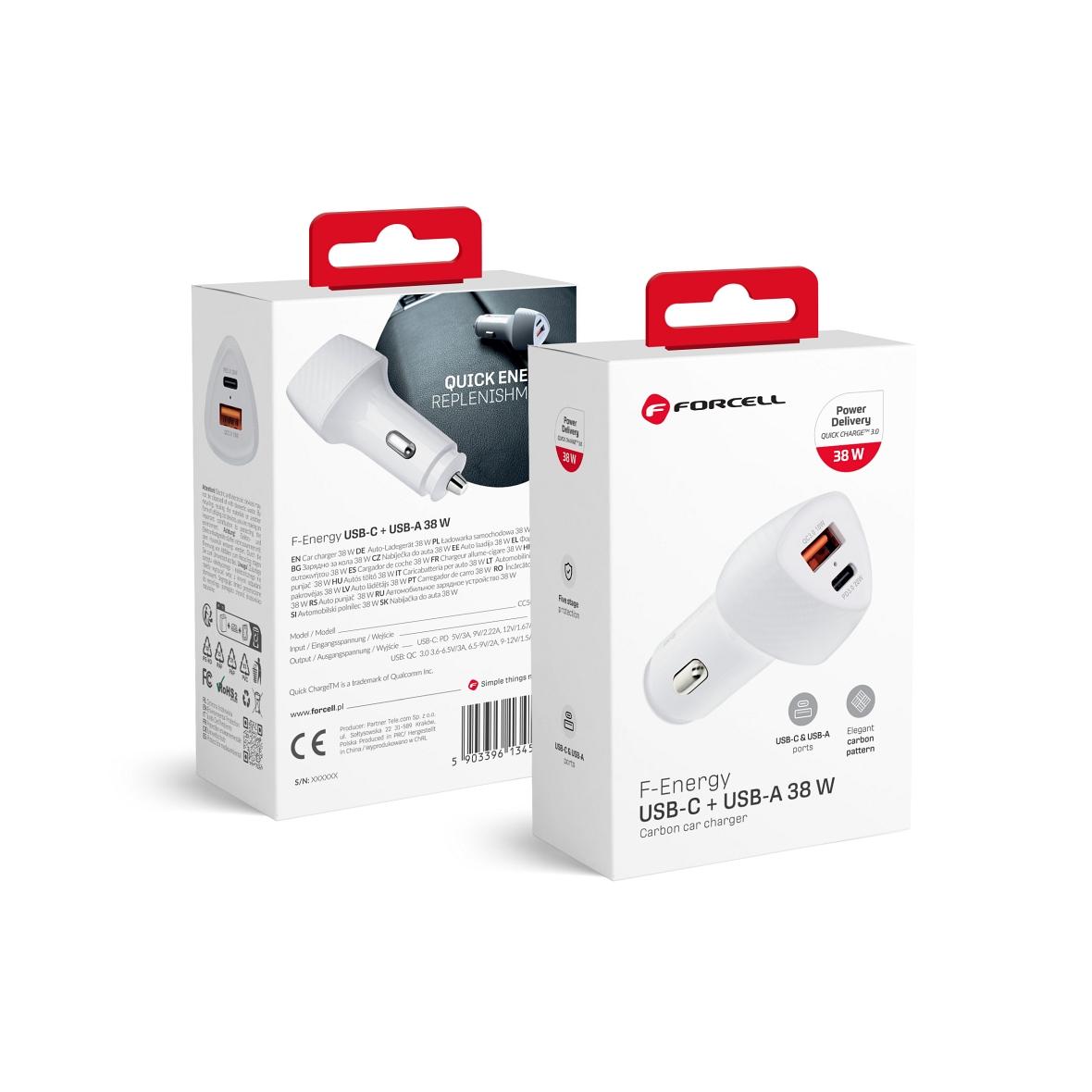 Ładowarka samochodowa Forcell F-Energy Carbon USB C + USB A QC3.0 PD 3A 38W CC50-1A1C biała