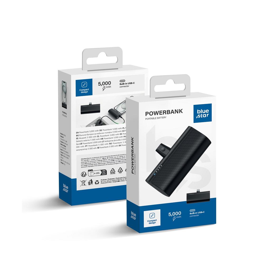 Powerbank Blue Star W0556 2,1A 5000 mAh z wbudowanym złączem USB C czarny