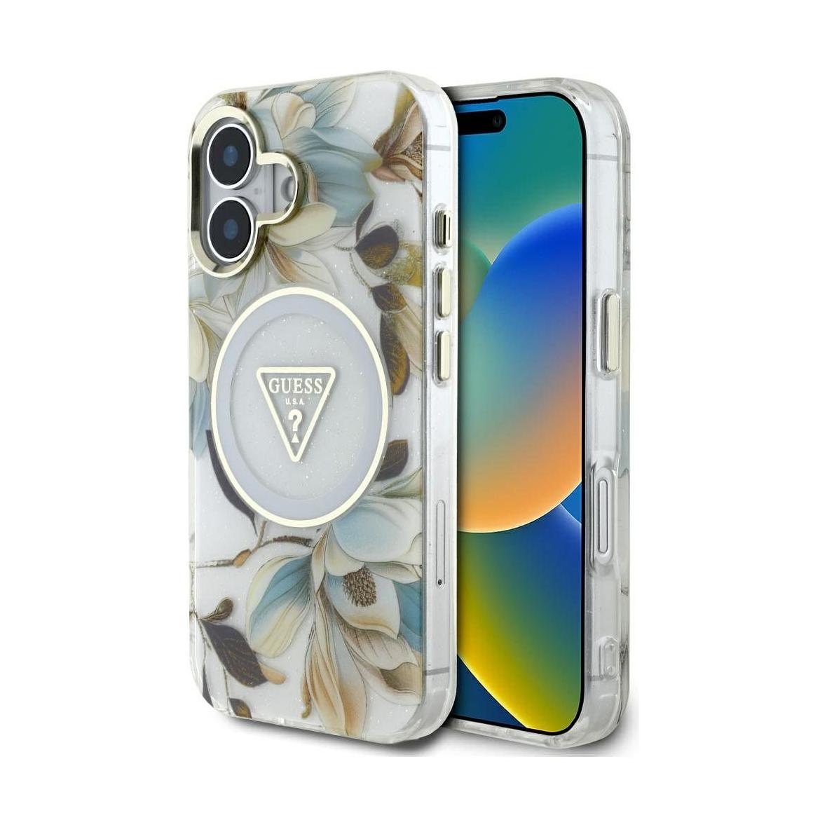 GUESS futerał do IPHONE 16 kompatybyliny z MagSafe GUHMP16SHFLPEDH (IML Metal Glitter Flowers Triangle) biały