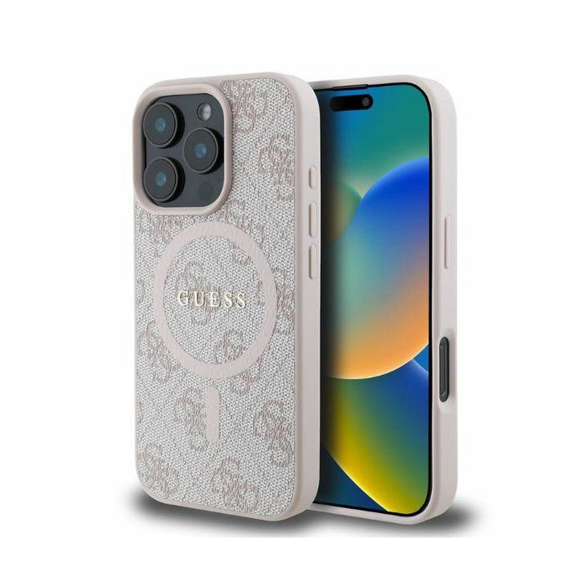 GUESS futerał do IPHONE 16 Pro Max kompatybilny z MagSafe GUHMP16XG4GFRP (PU 4G Ring Classic Logo) różowy