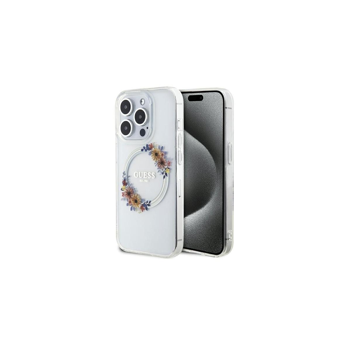 GUESS futerał do IPHONE 15 Pro Max kompatybilny z MagSafe GUHMP15XHFWFCT (Flowers Wreath) transparentny