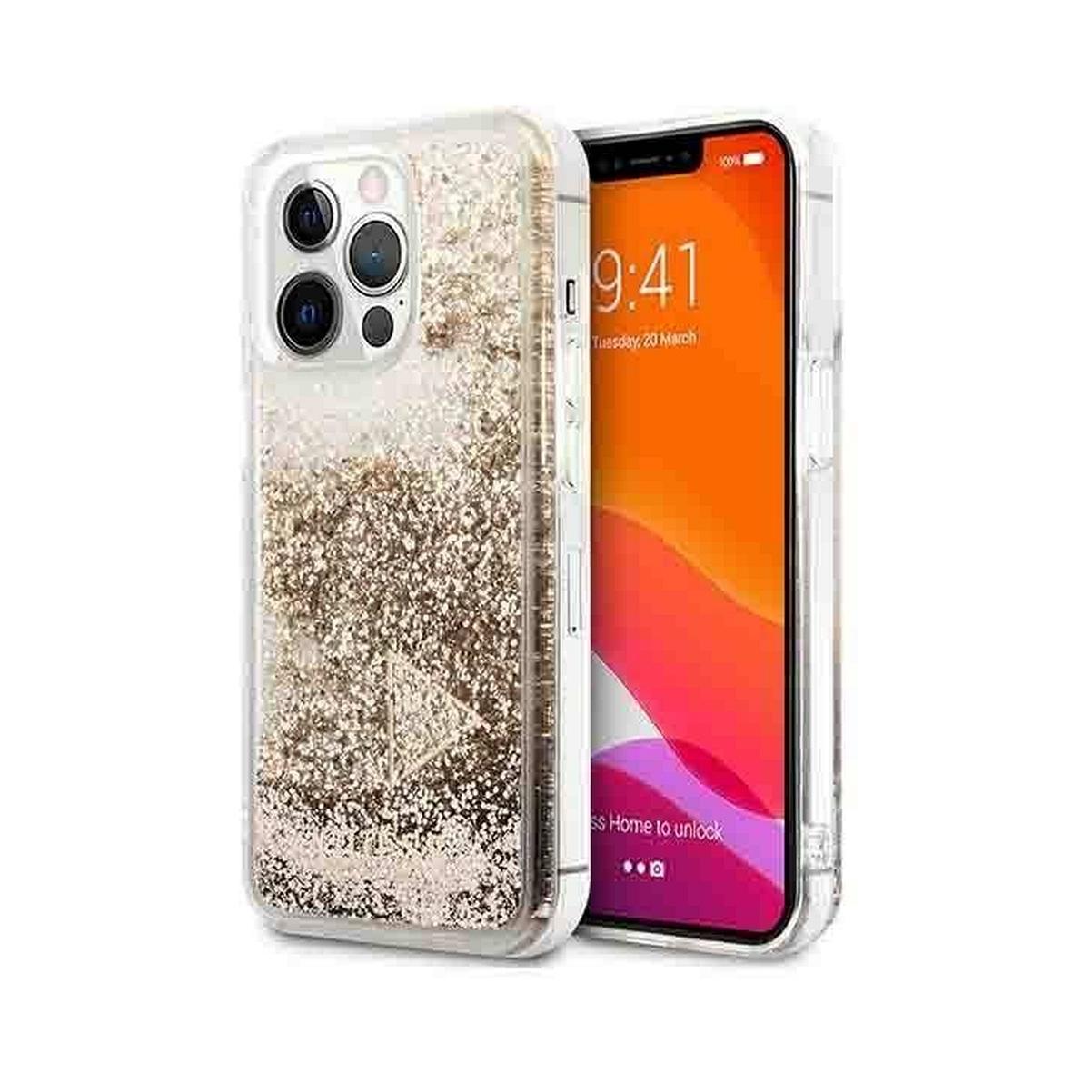 GUESS futerał do IPHONE 14 Pro GUOHCP14LGLHFLGO (Liquide Glitter Charms) złoty