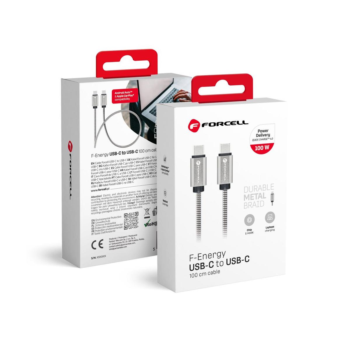Kabel USB C do USB C Forcell F-Energy QC4.0 PD 5A 100W E-Mark Metal 1 m C239 srebrny