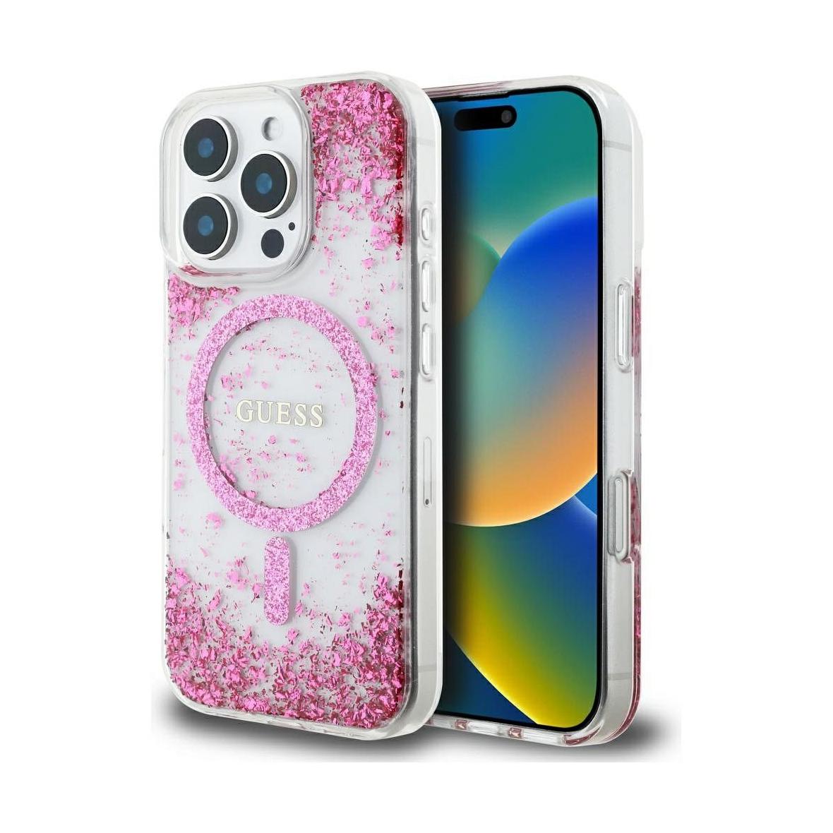 GUESS futerał do IPHONE 16 Pro Max kompatybilny z MagSafe GUHMP16XRGRGEP (Resin Bottom Glitter) różowy